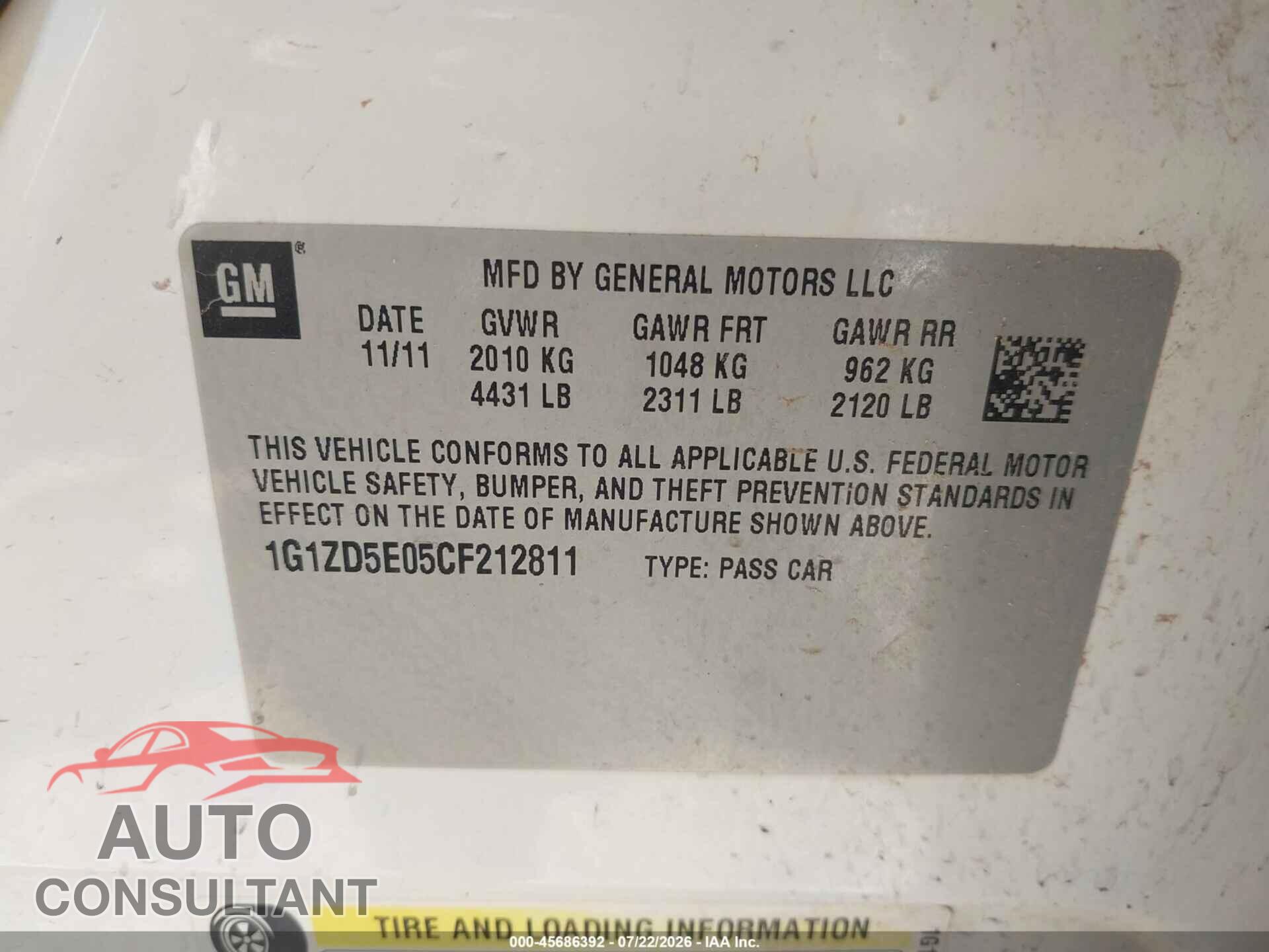 CHEVROLET MALIBU 2012 - 1G1ZD5E05CF212811