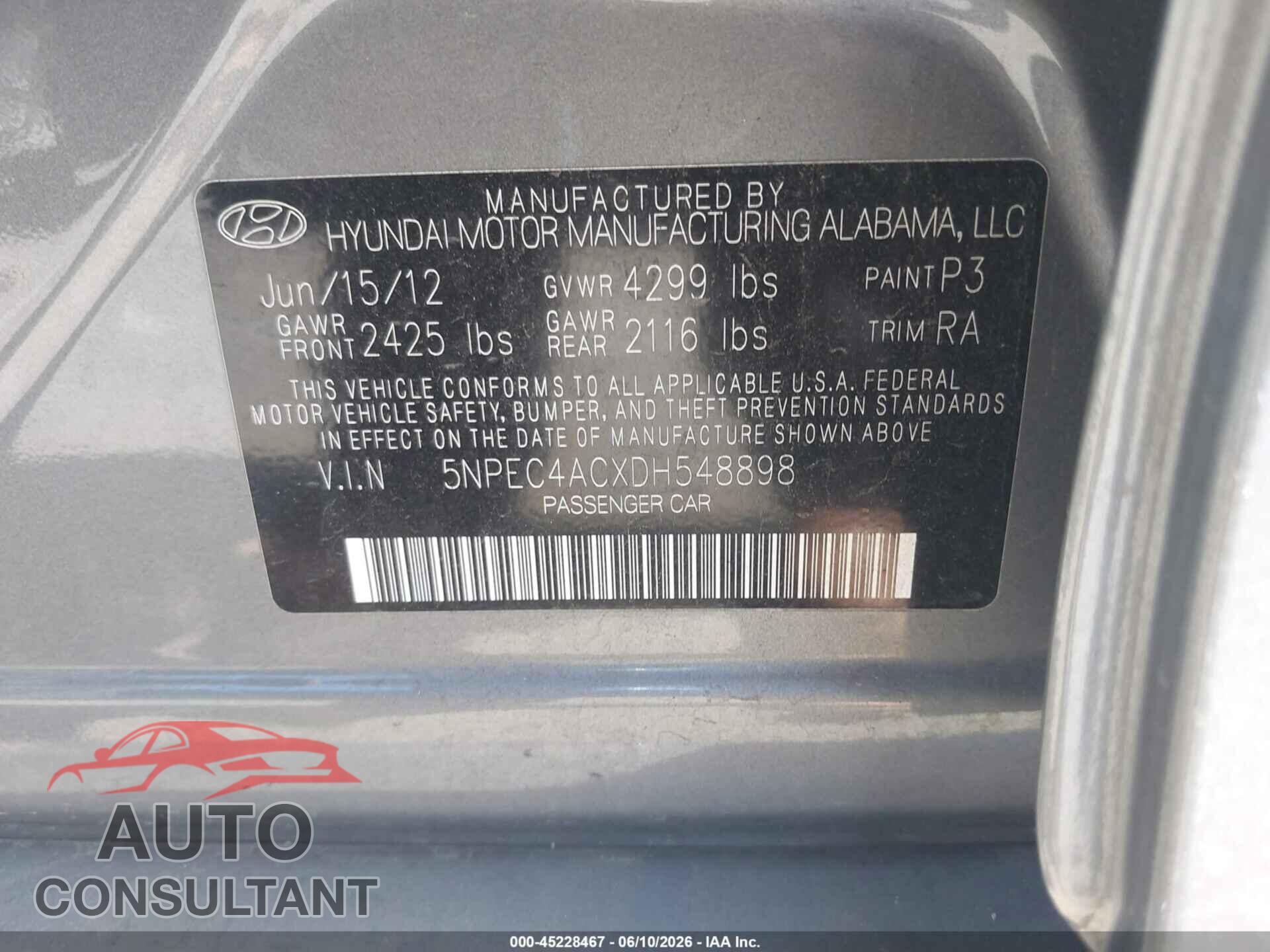 HYUNDAI SONATA 2013 - 5NPEC4ACXDH548898