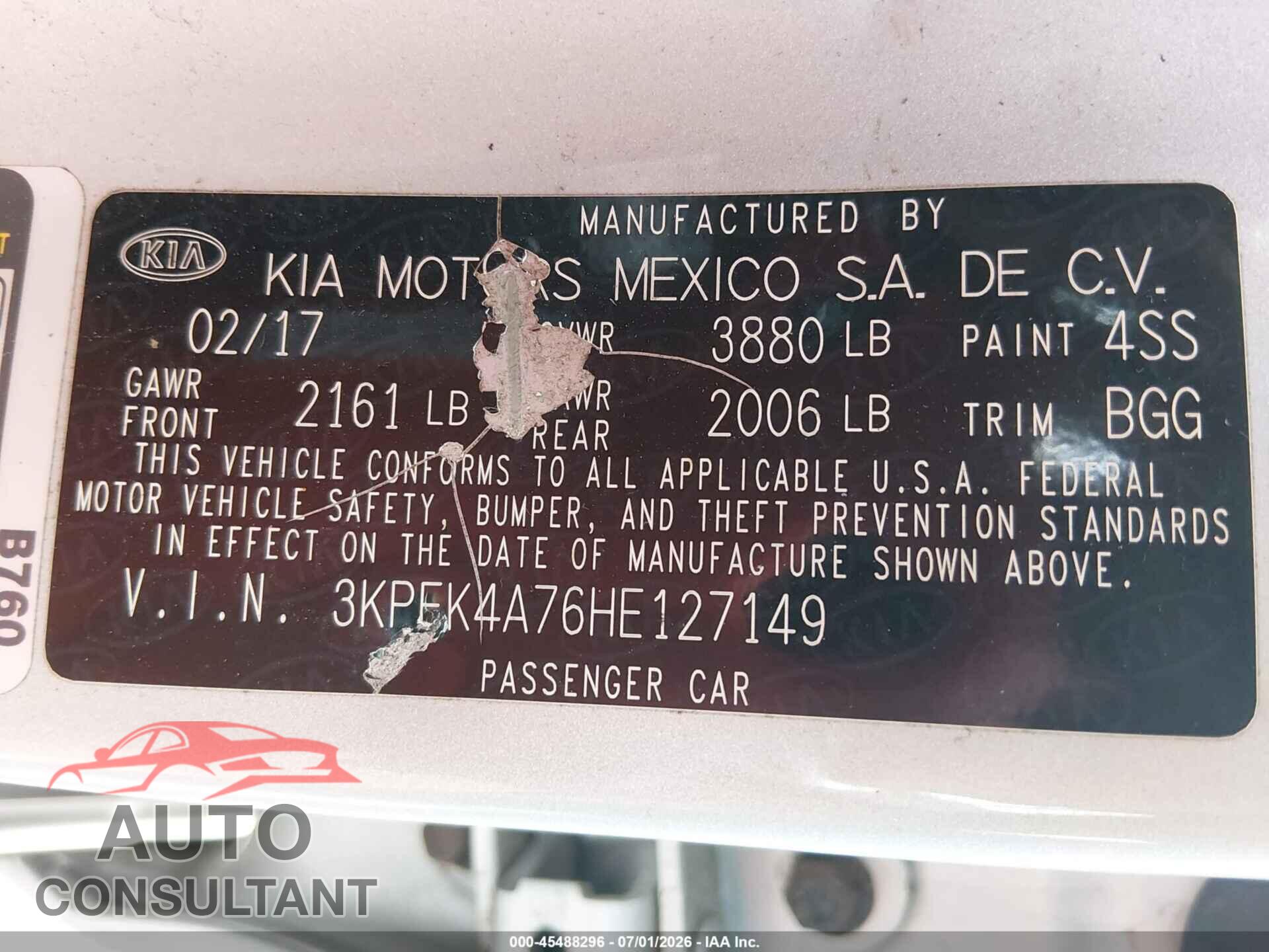 KIA FORTE 2017 - 3KPFK4A76HE127149