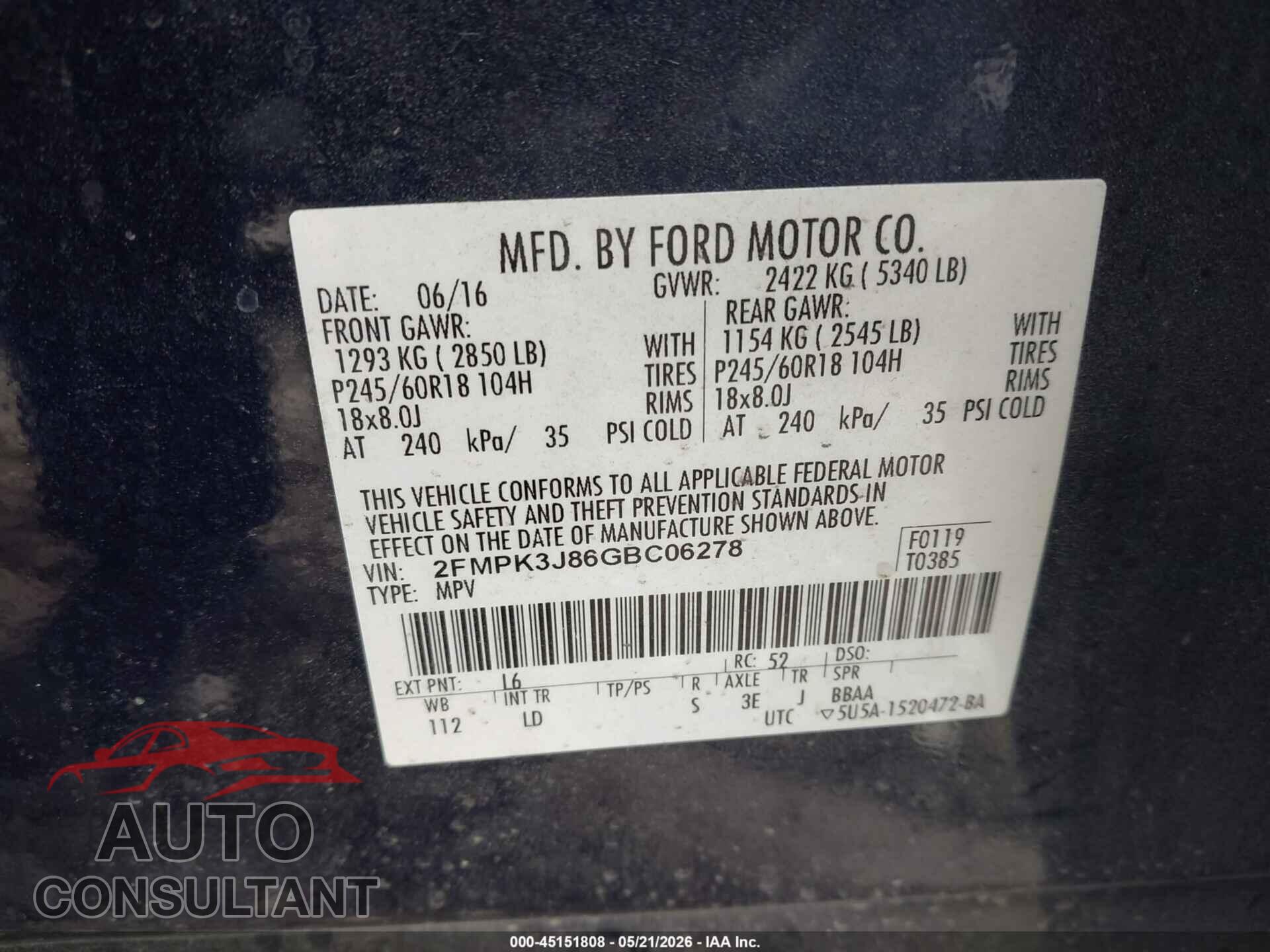 FORD EDGE 2016 - 2FMPK3J86GBC06278