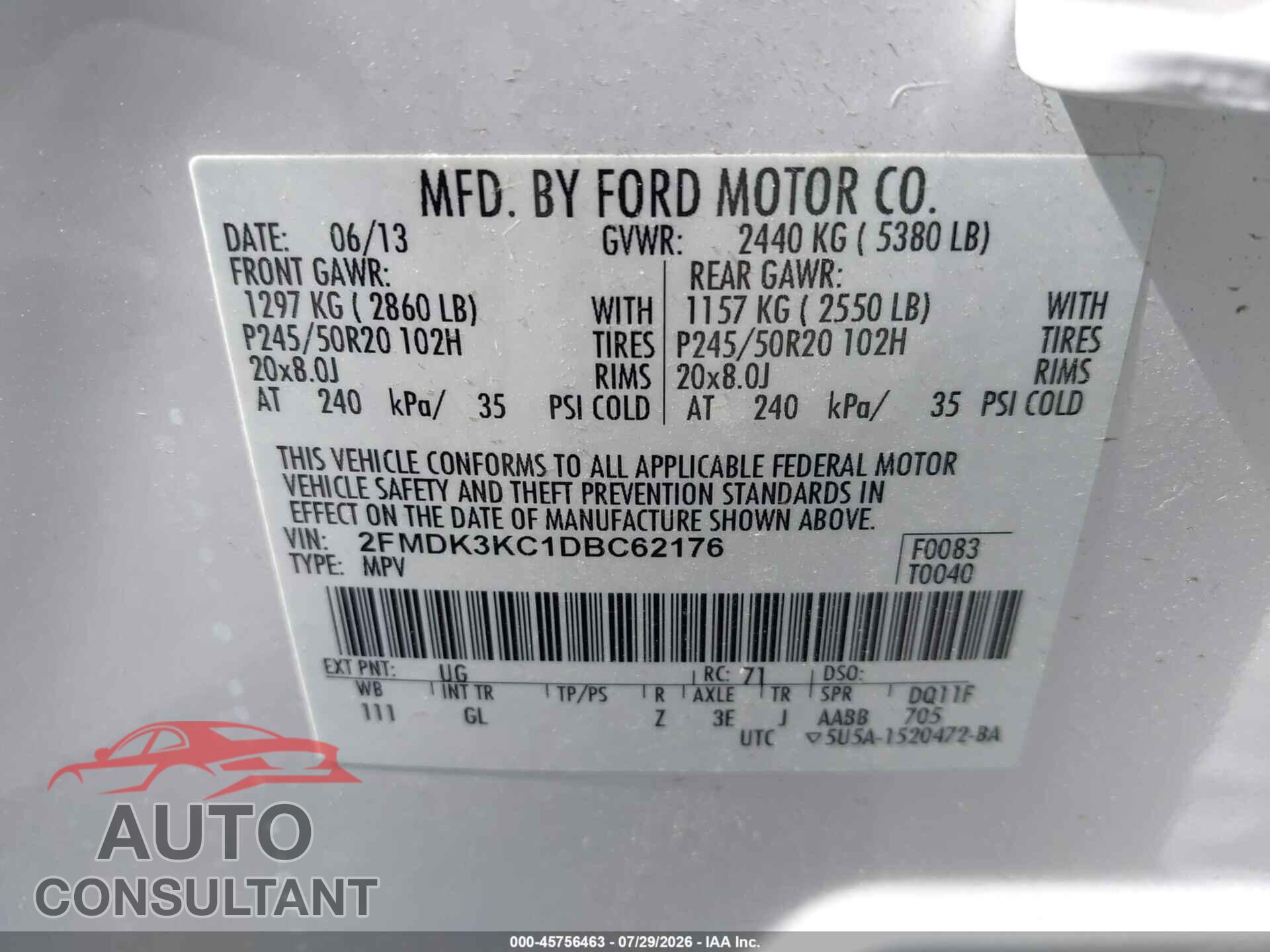 FORD EDGE 2013 - 2FMDK3KC1DBC62176