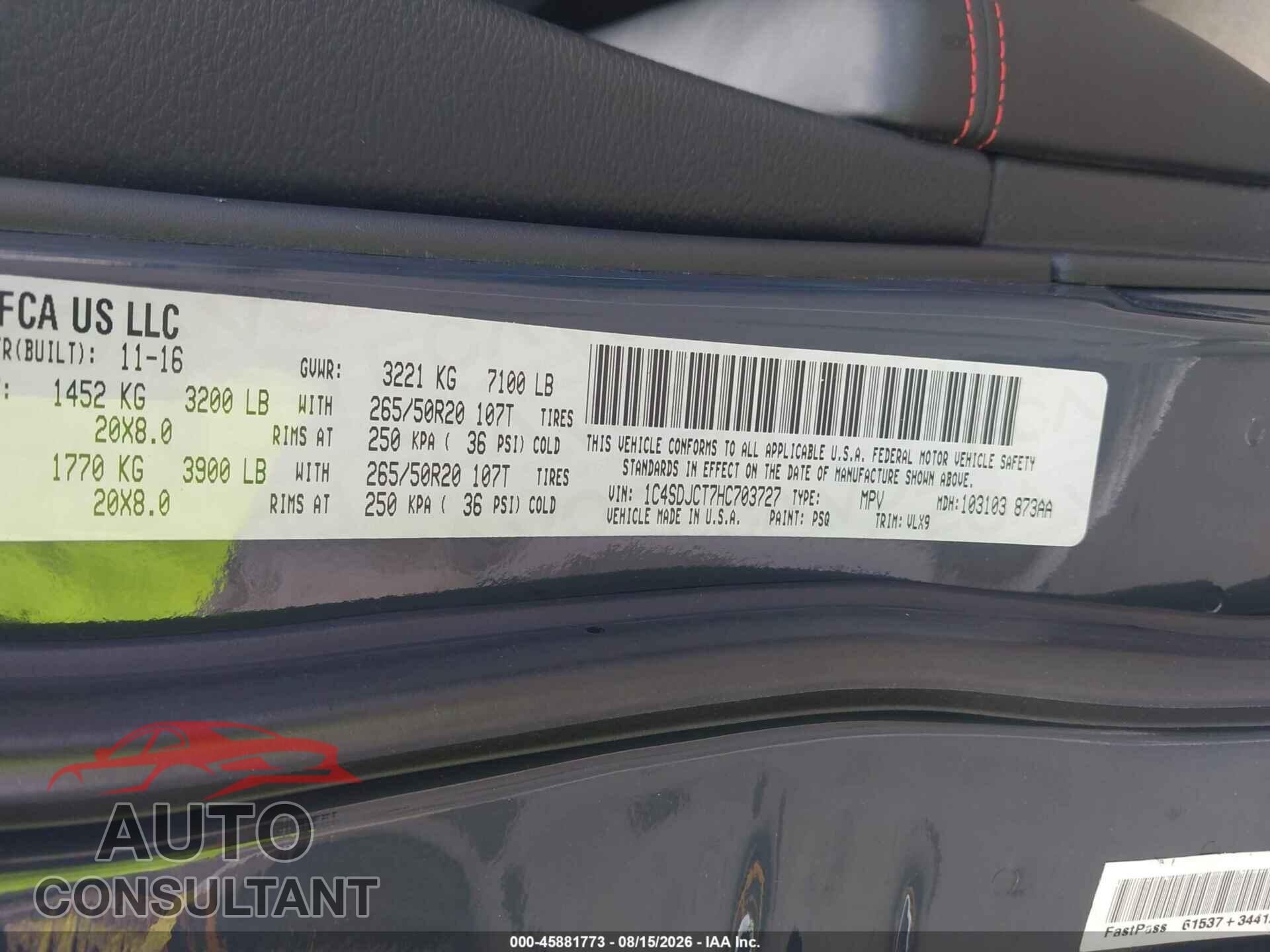DODGE DURANGO 2017 - 1C4SDJCT7HC703727