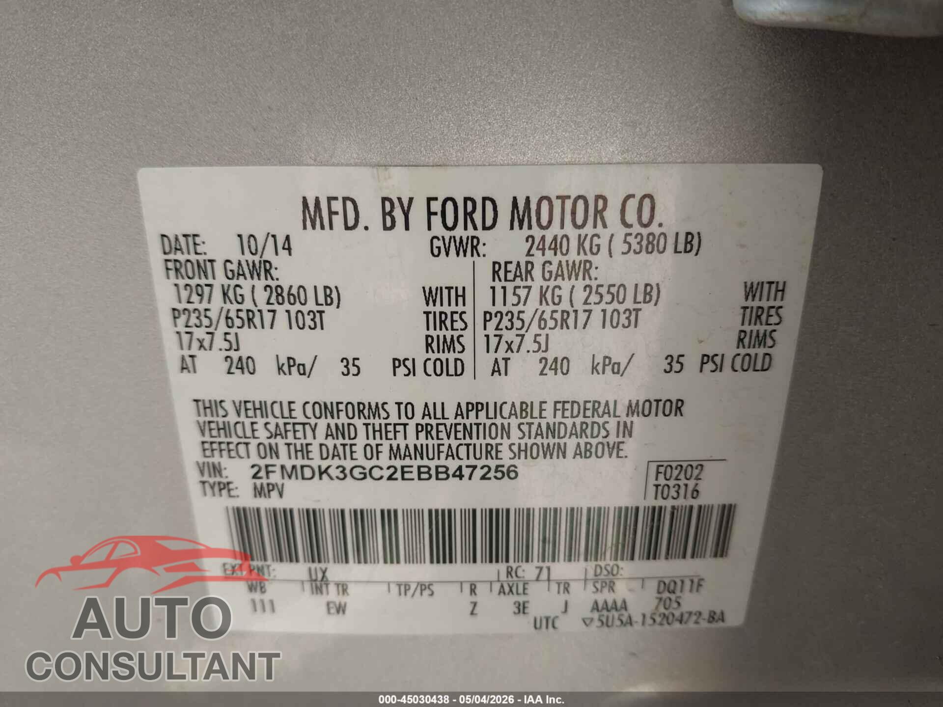 FORD EDGE 2014 - 2FMDK3GC2EBB47256