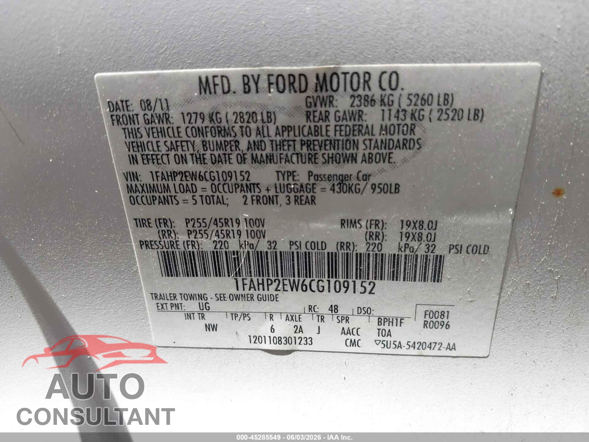 FORD TAURUS 2012 - 1FAHP2EW6CG109152