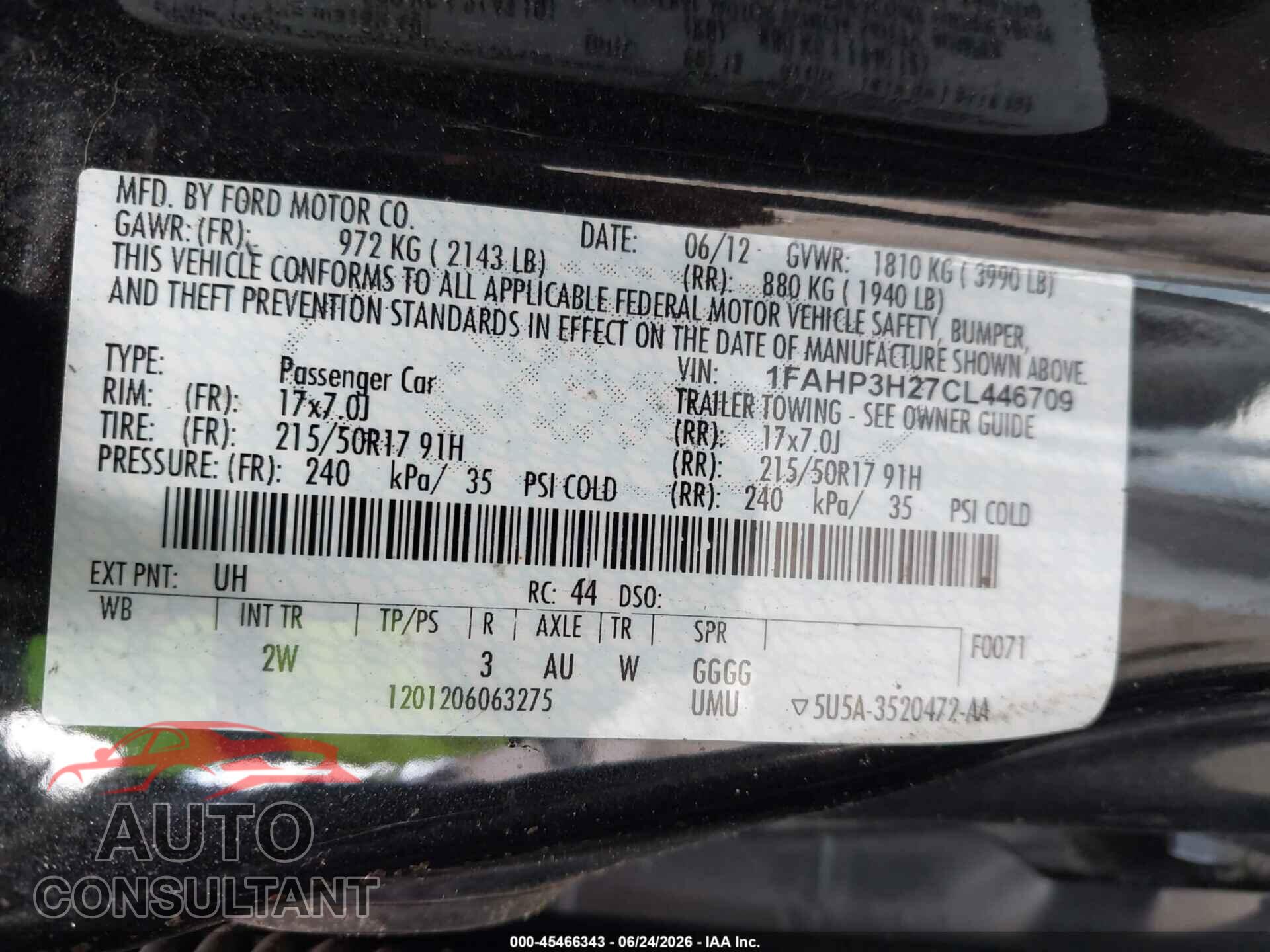 FORD FOCUS 2012 - 1FAHP3H27CL446709