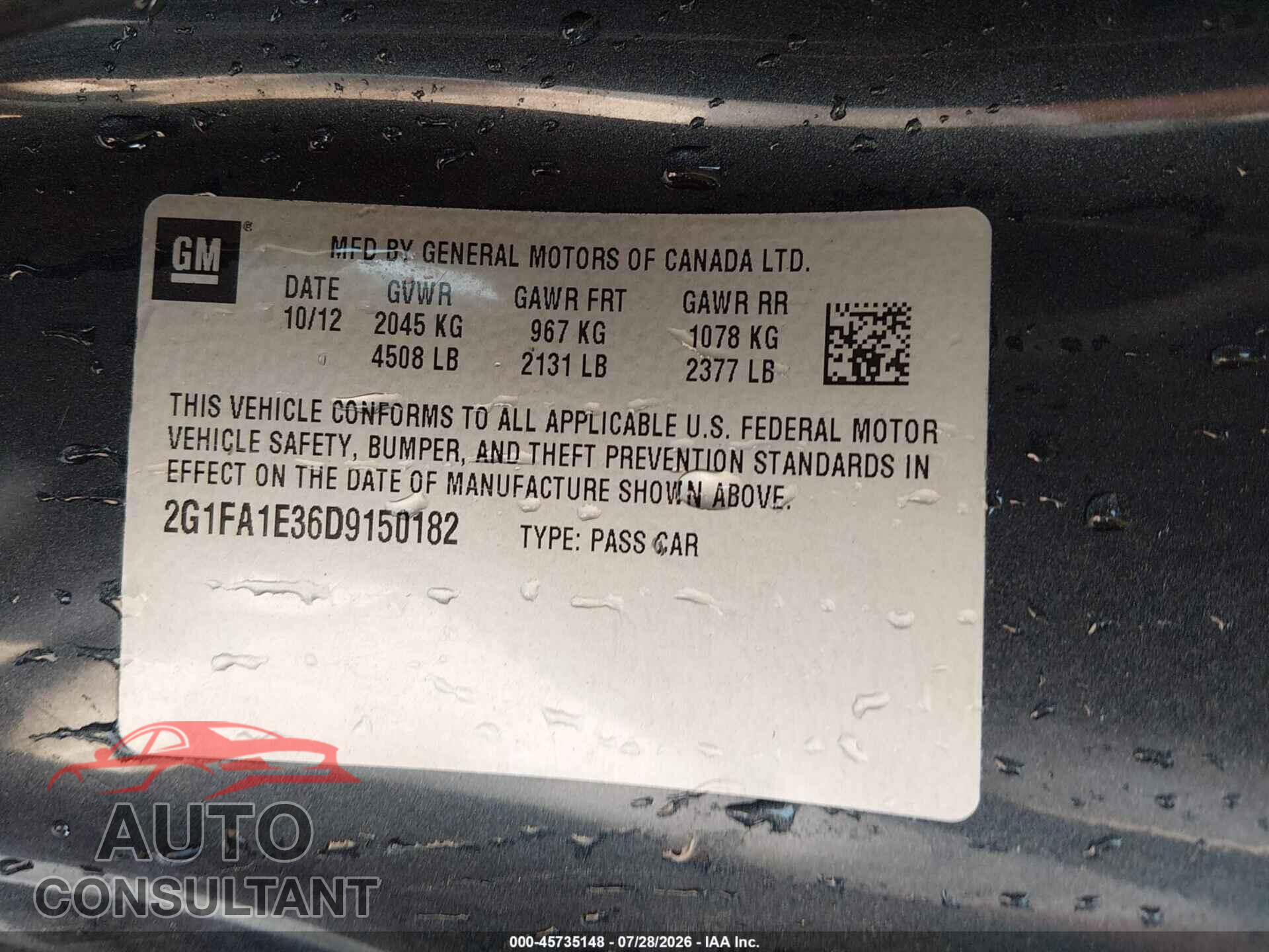 CHEVROLET CAMARO 2013 - 2G1FA1E36D9150182