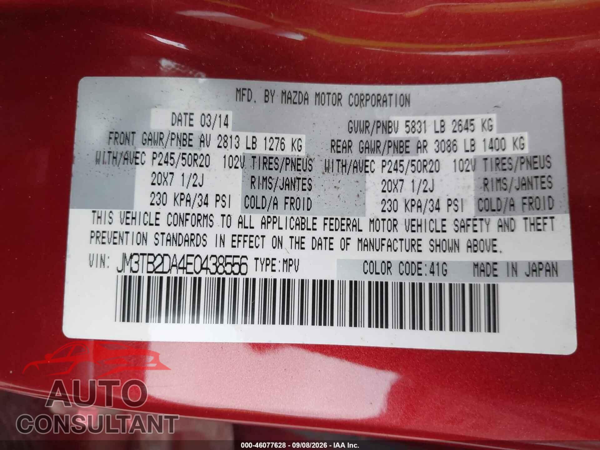 MAZDA CX-9 2014 - JM3TB2DA4E0438556