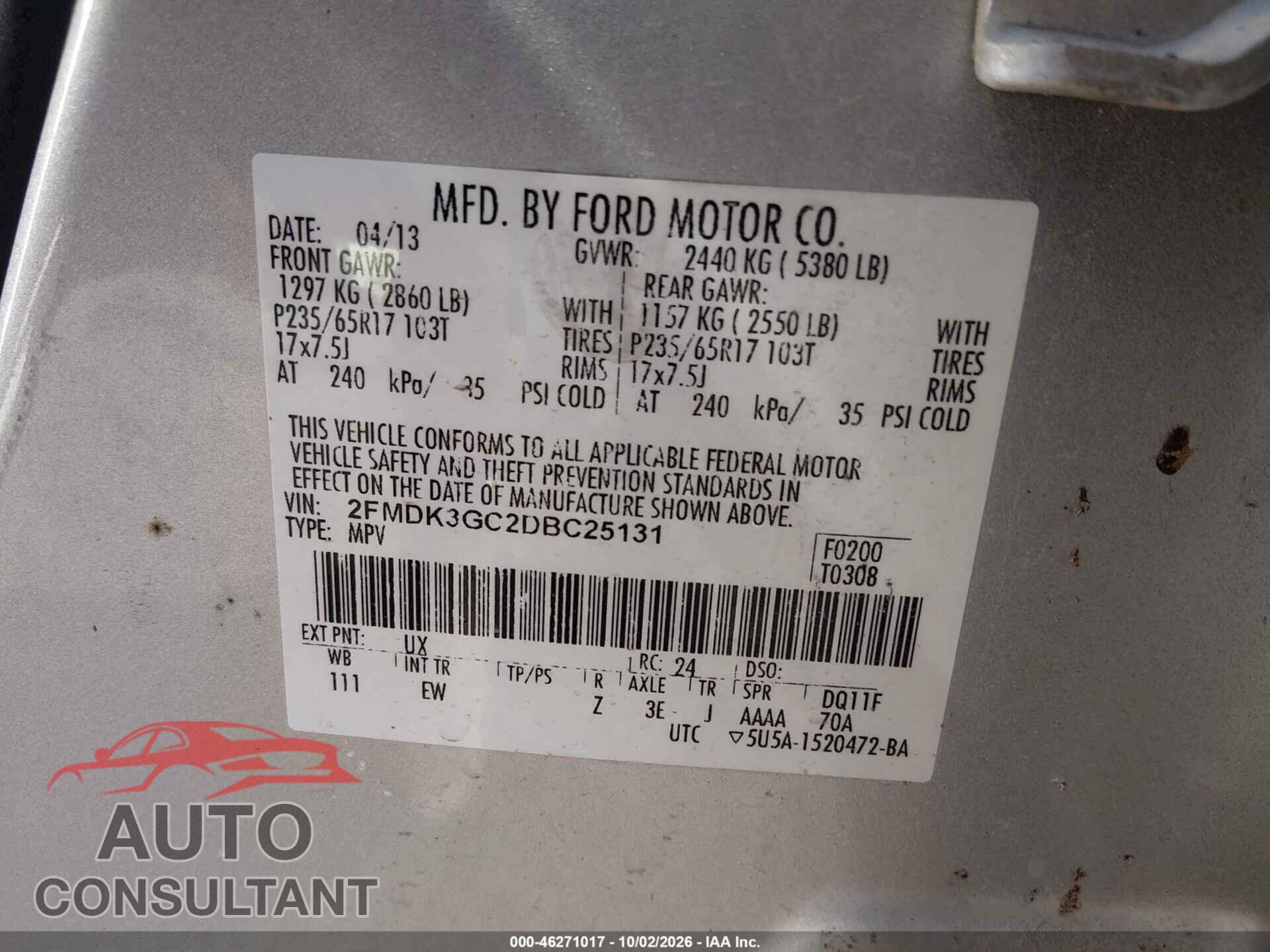 FORD EDGE 2013 - 2FMDK3GC2DBC25131