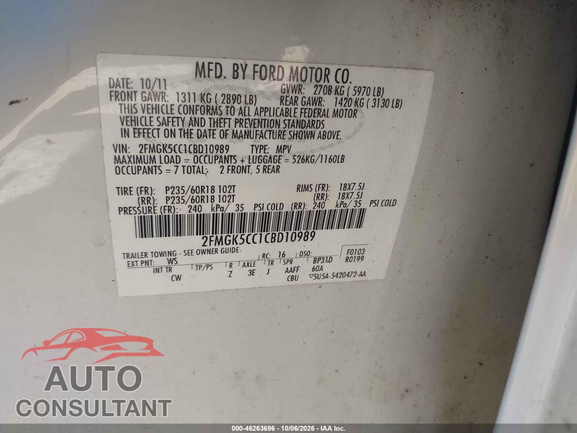 FORD FLEX 2012 - 2FMGK5CC1CBD10989