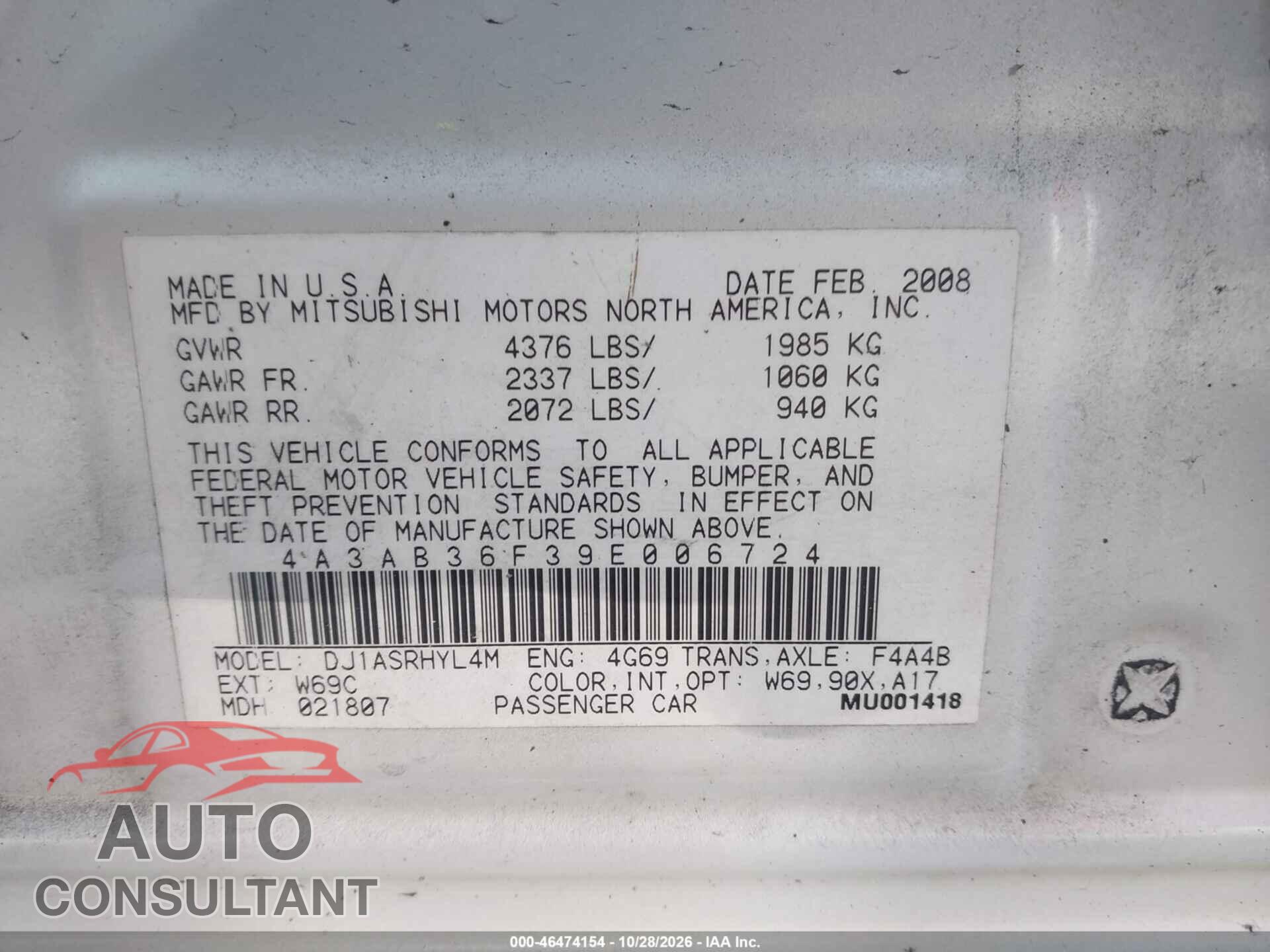 MITSUBISHI GALANT 2009 - 4A3AB36F39E006724