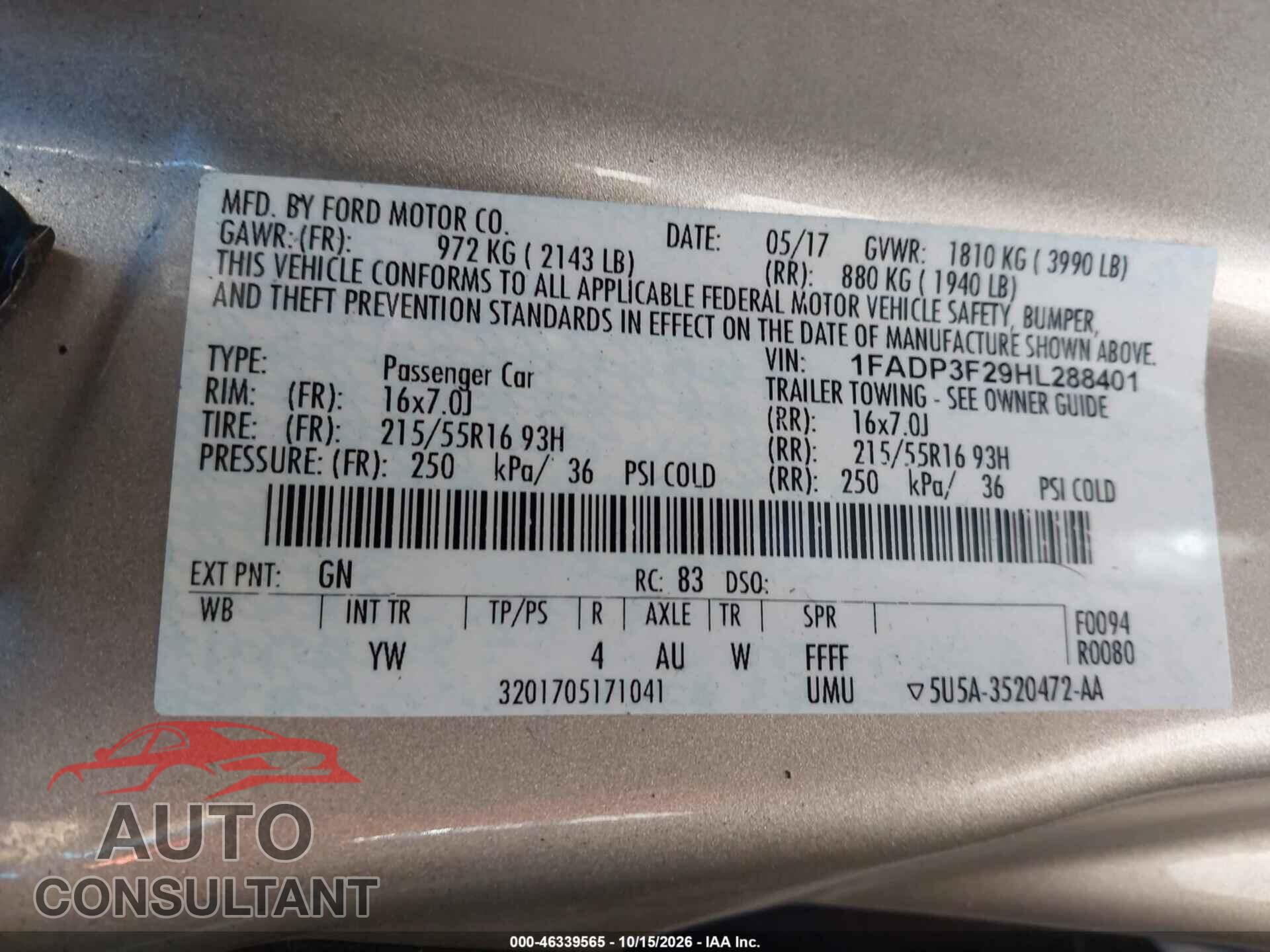 FORD FOCUS 2017 - 1FADP3F29HL288401