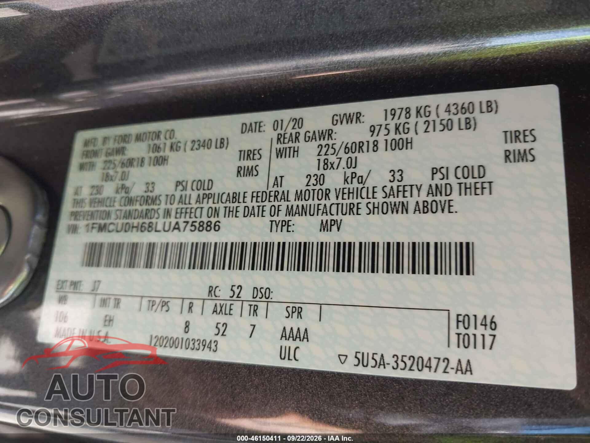 FORD ESCAPE 2020 - 1FMCU0H68LUA75886