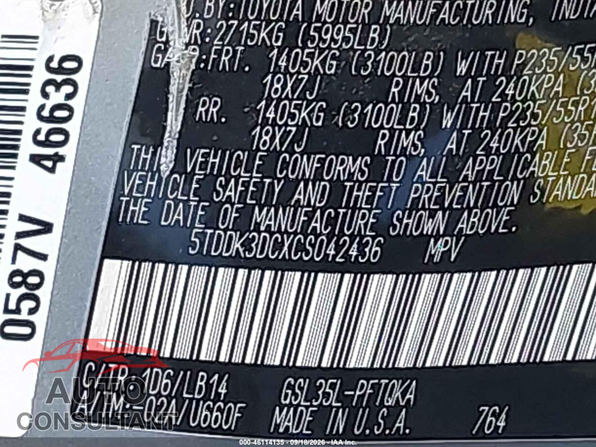 TOYOTA SIENNA 2012 - 5TDDK3DCXCS042436