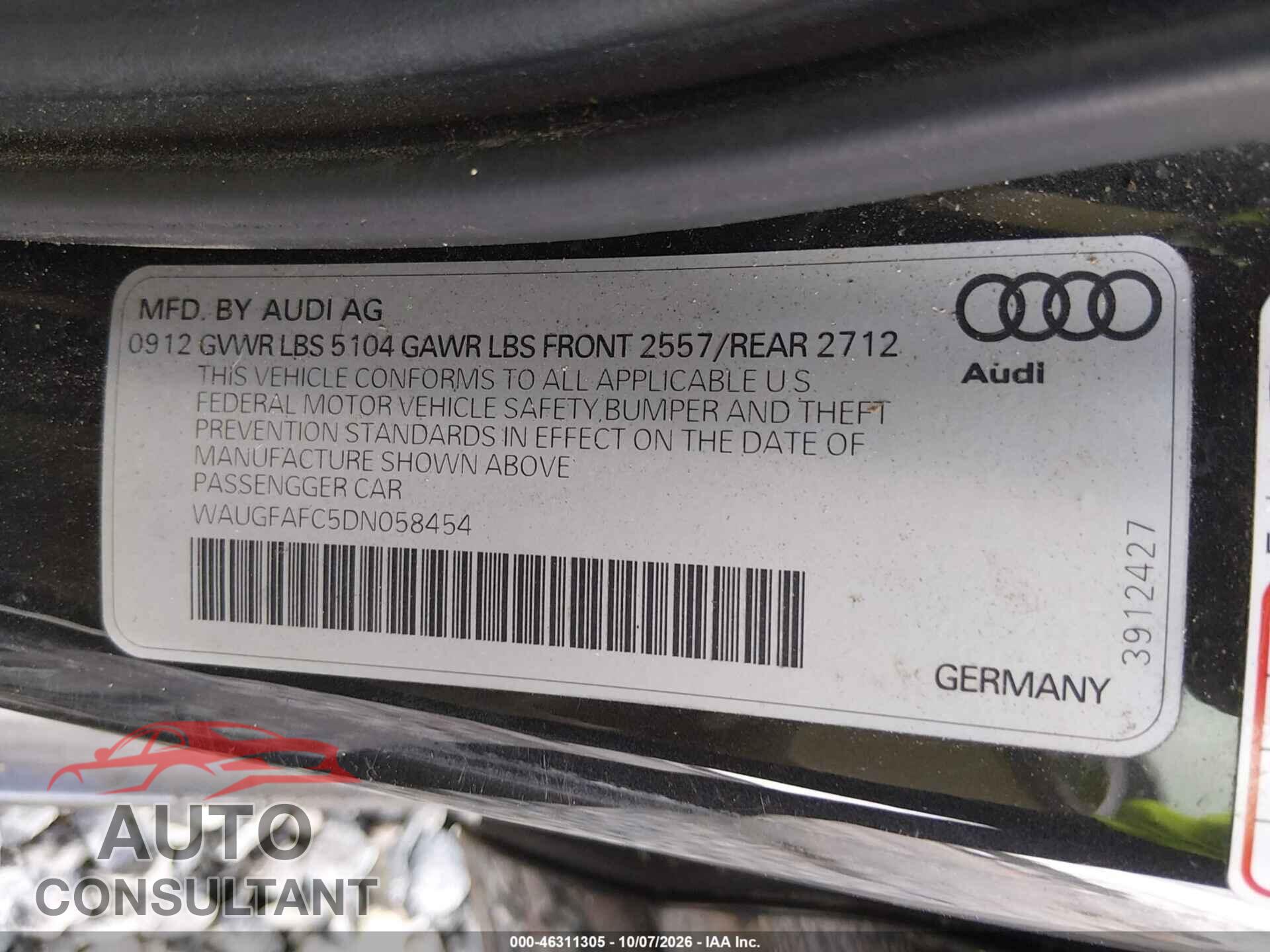 AUDI A6 2013 - WAUGFAFC5DN058454
