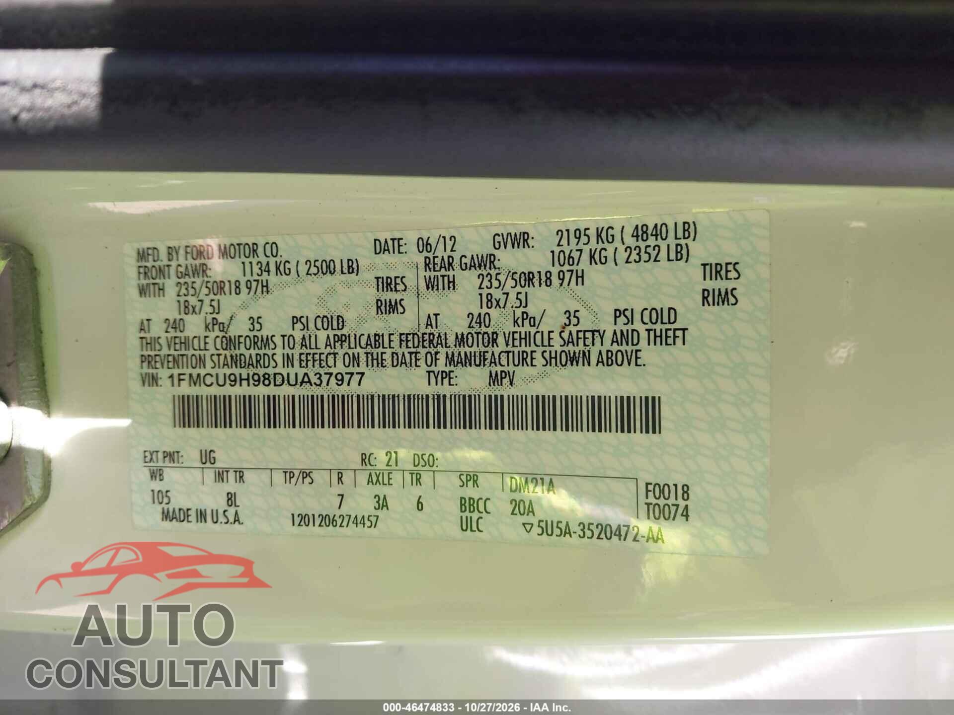 FORD ESCAPE 2013 - 1FMCU9H98DUA37977