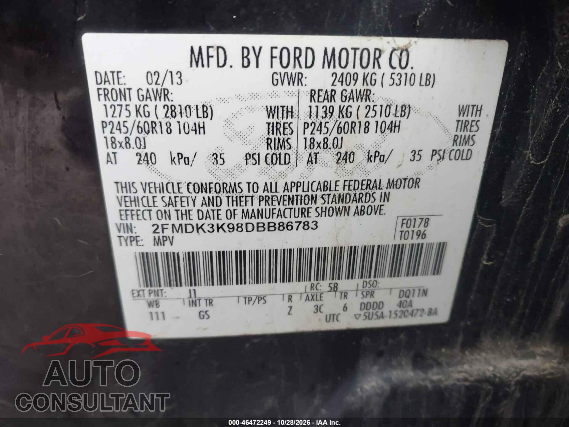 FORD EDGE 2013 - 2FMDK3K98DBB86783