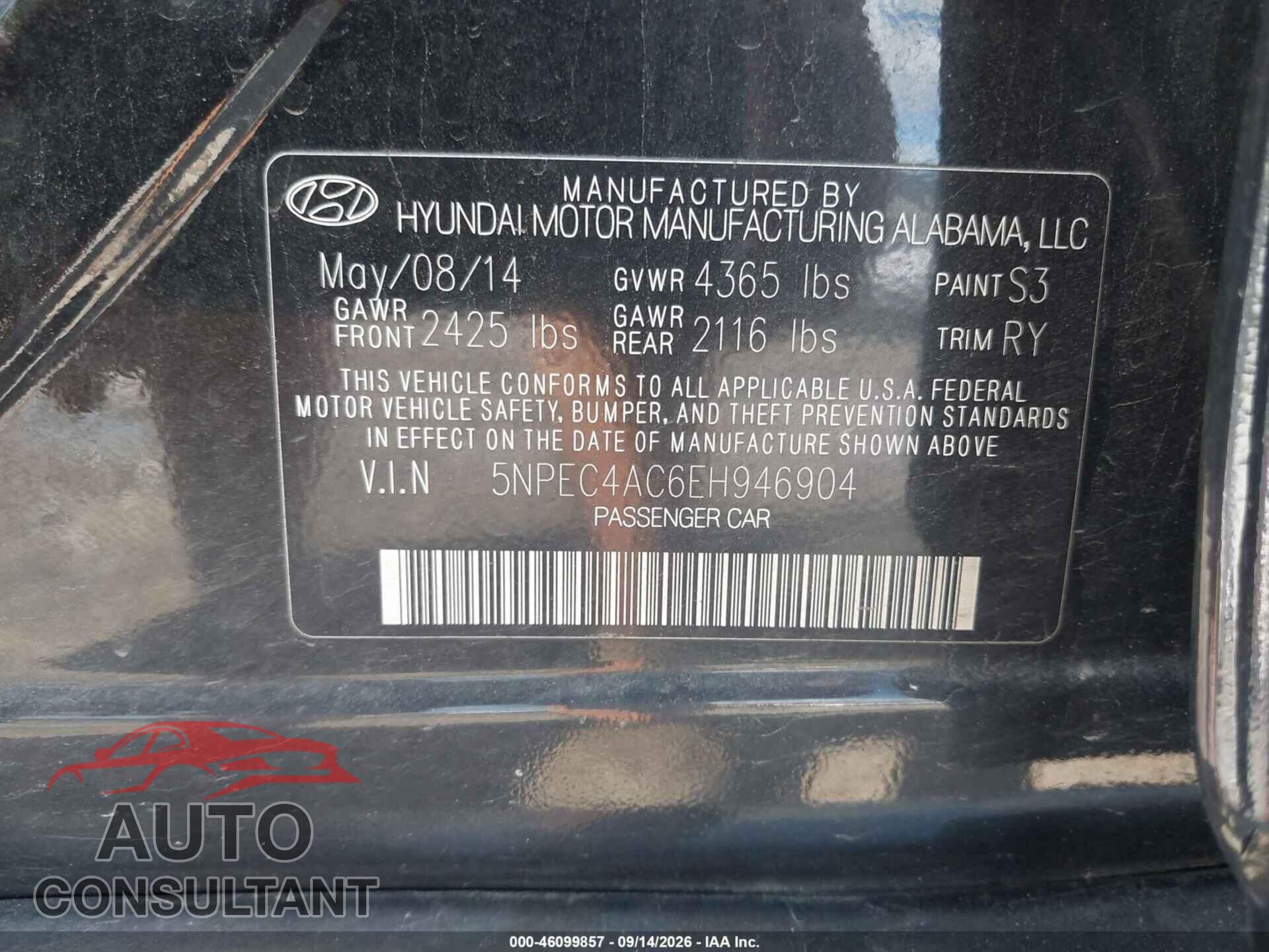 HYUNDAI SONATA 2014 - 5NPEC4AC6EH946904