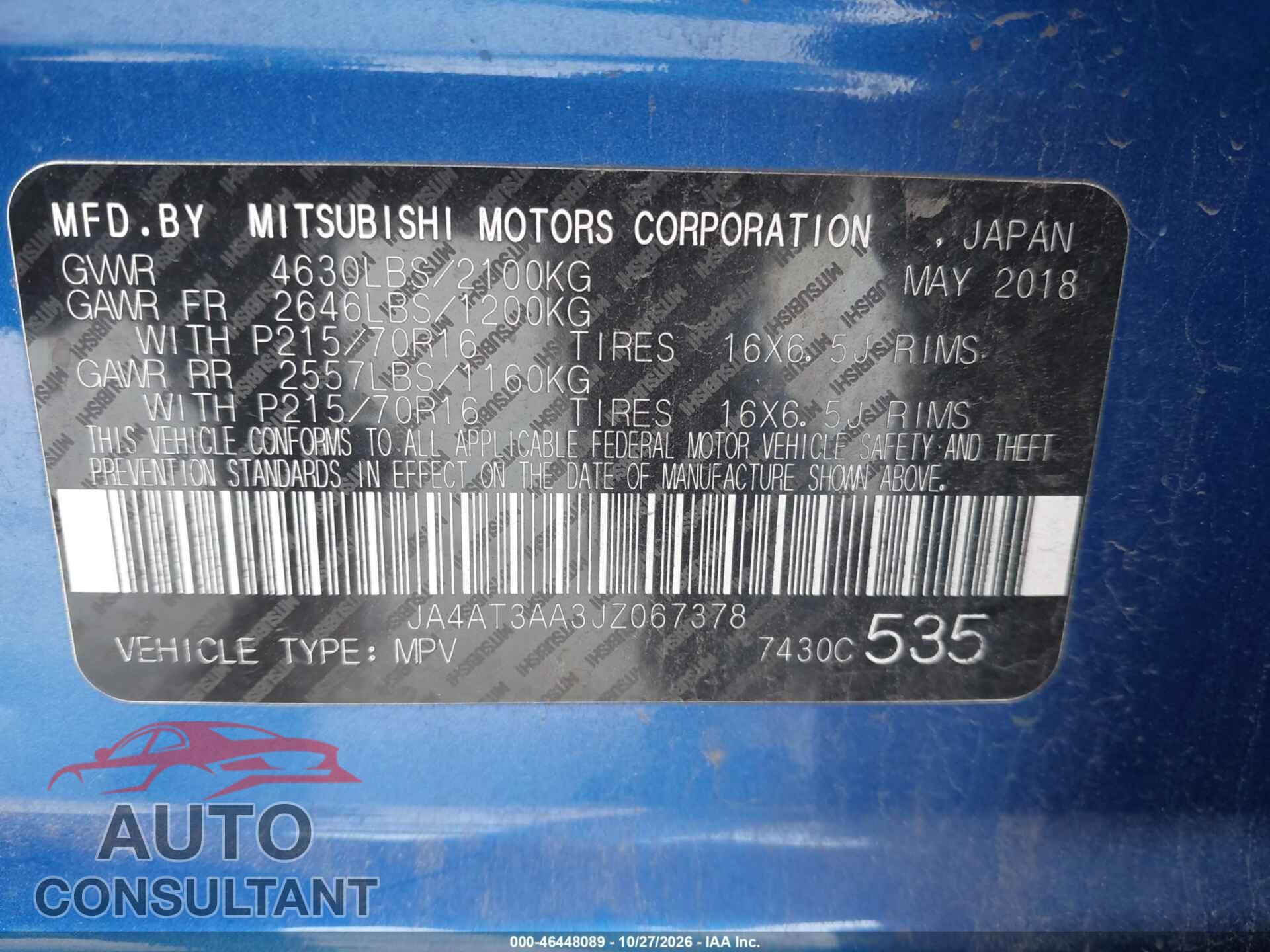 MITSUBISHI ECLIPSE CROSS 2018 - JA4AT3AA3JZ067378