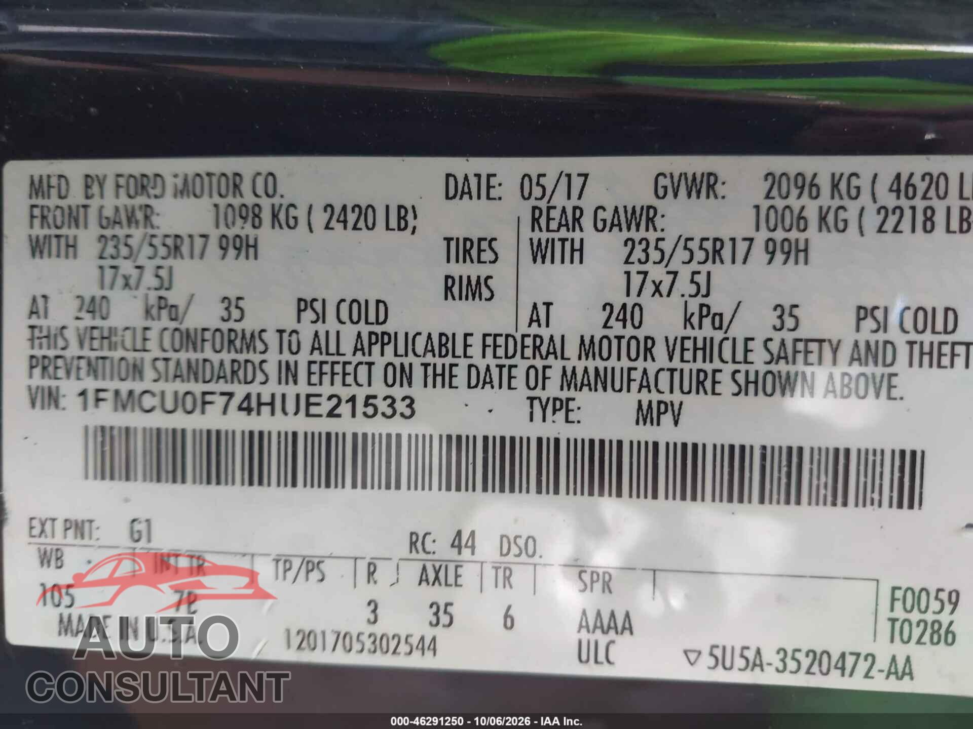 FORD ESCAPE 2017 - 1FMCU0F73HUE21538