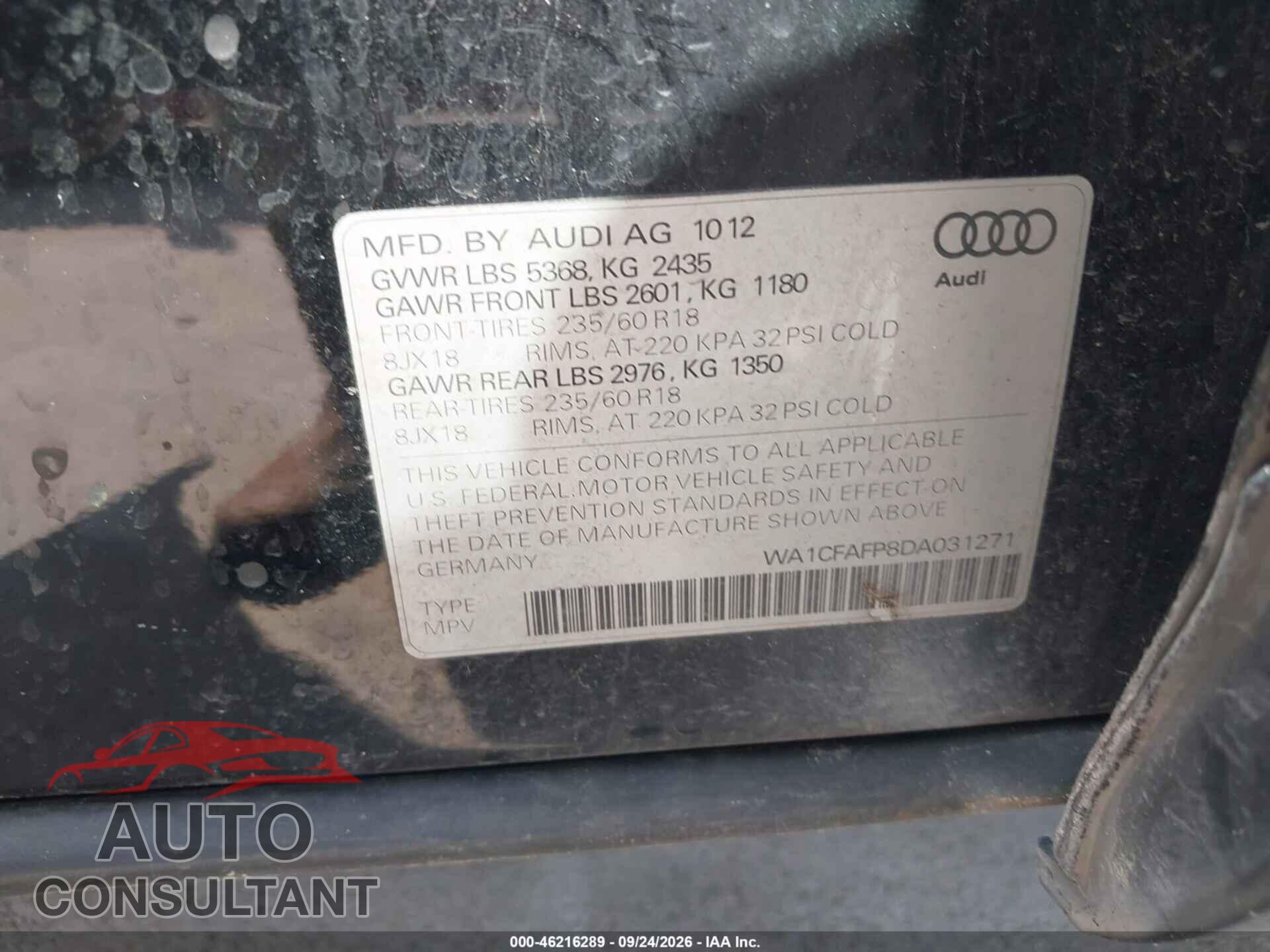 AUDI Q5 2013 - WA1CFAFP8DA031271