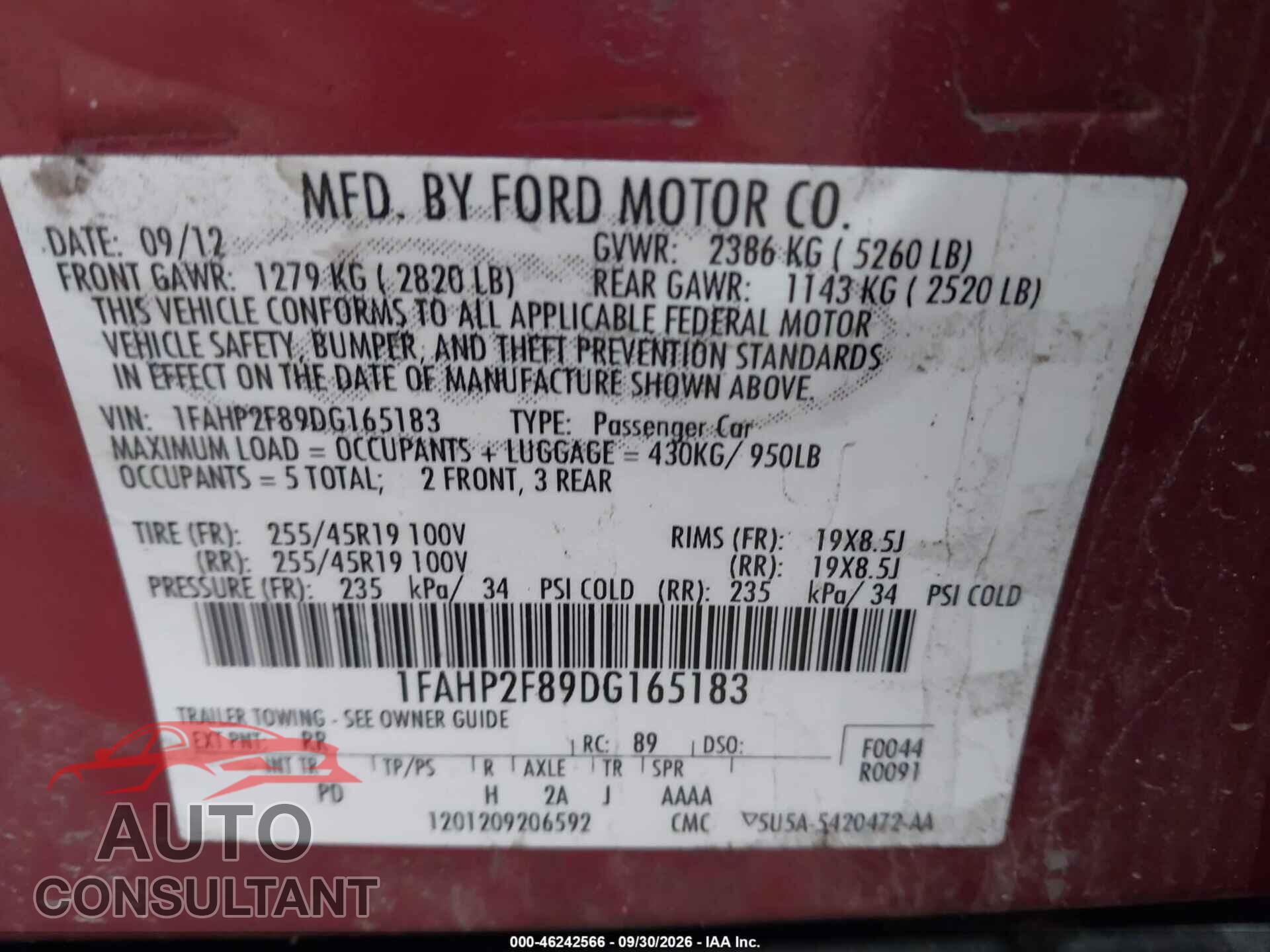FORD TAURUS 2013 - 1FAHP2F89DG165183