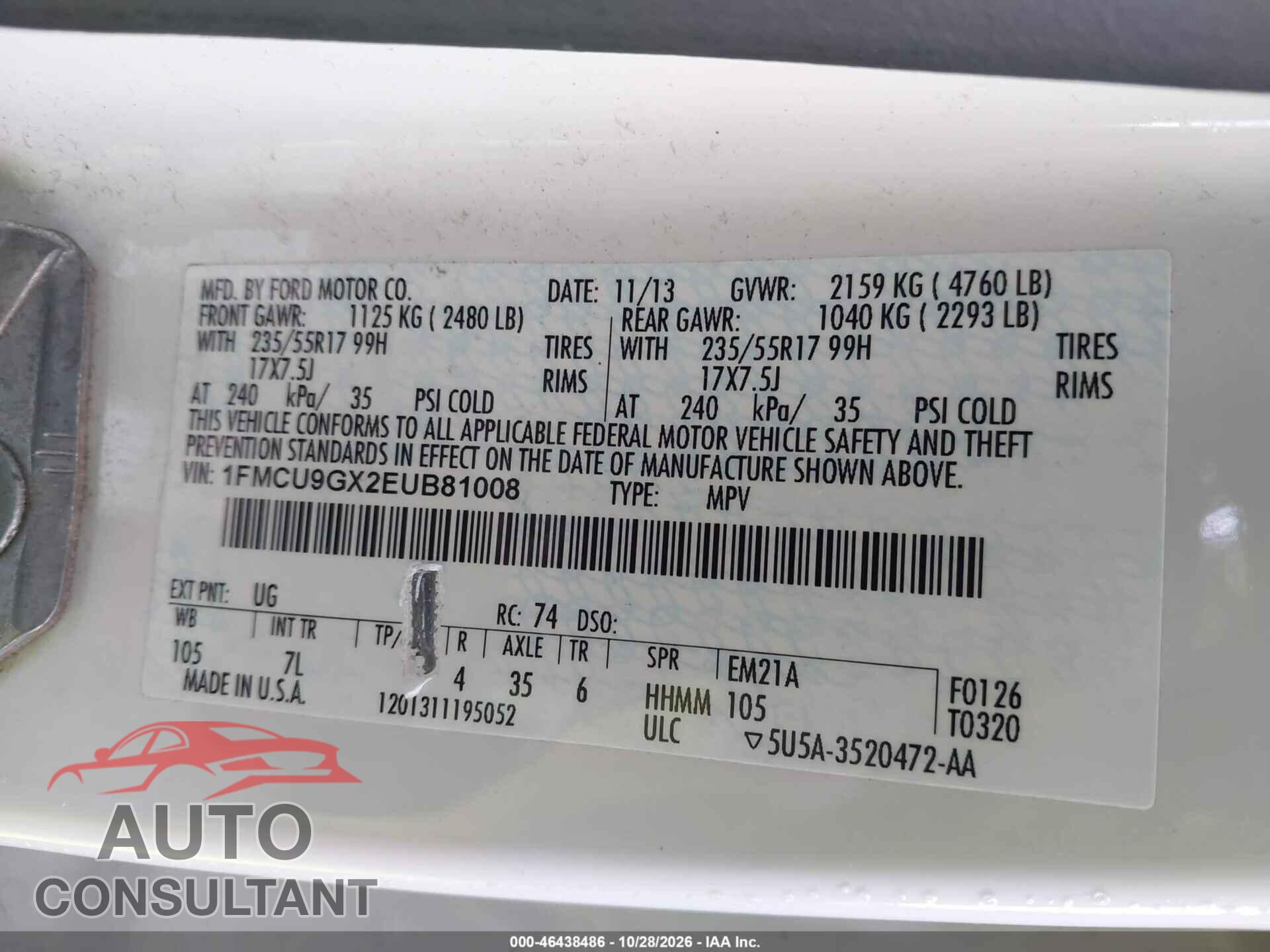 FORD ESCAPE 2014 - 1FMCU9GX2EUB81008