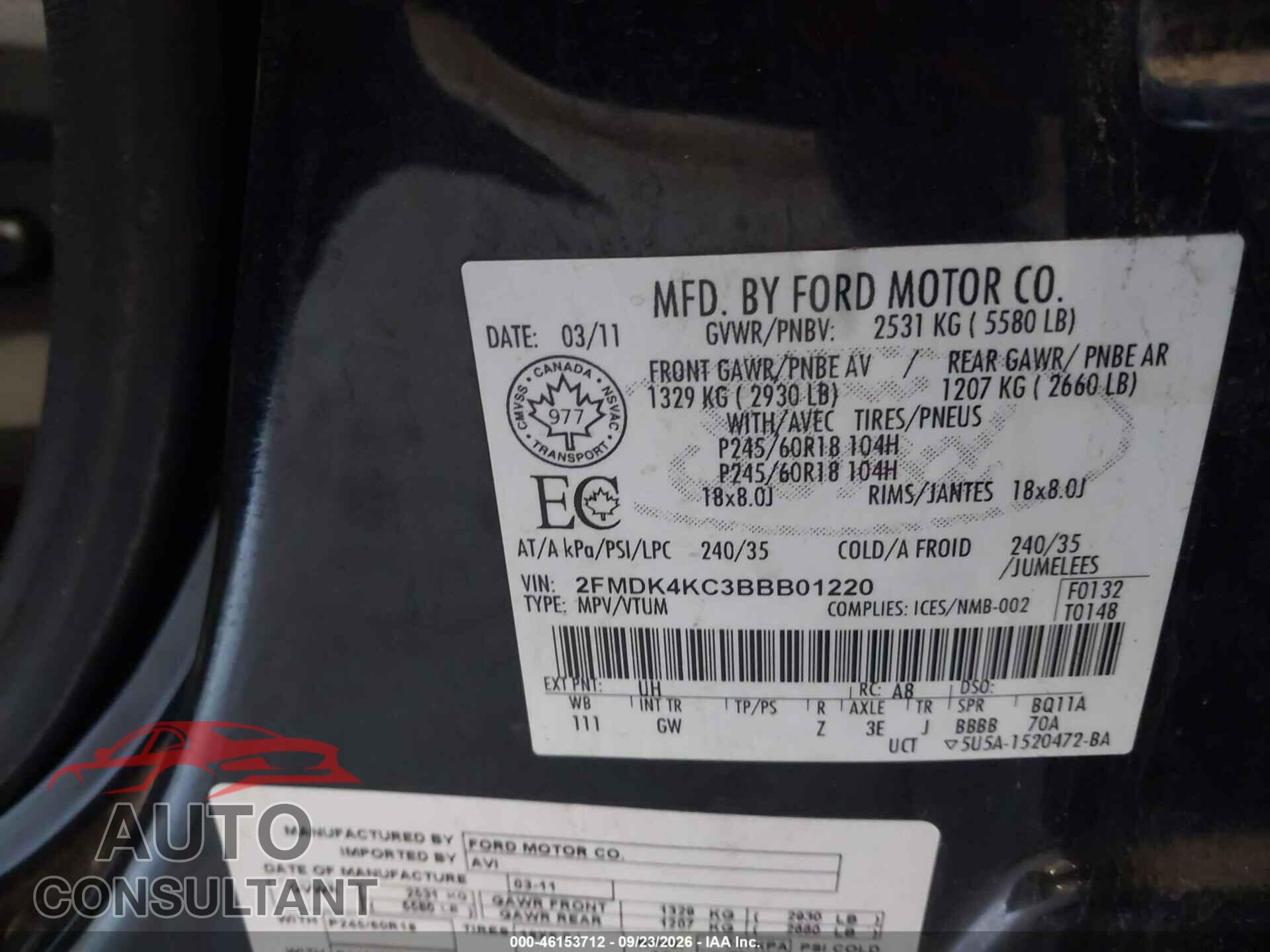 FORD EDGE 2011 - 2FMDK4KC3BBB01220