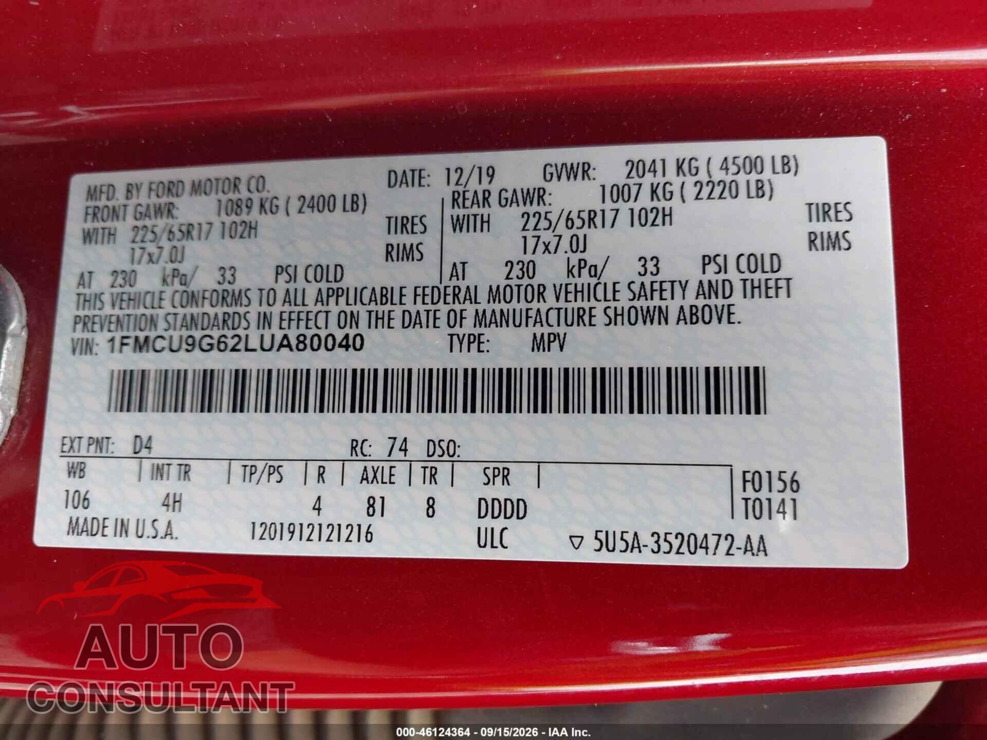 FORD ESCAPE 2020 - 1FMCU9G62LUA80040