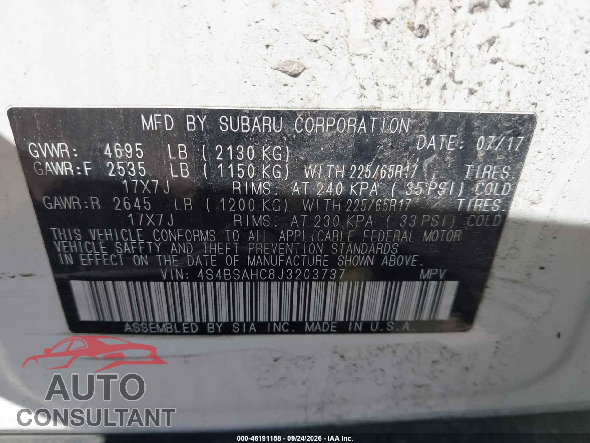 SUBARU OUTBACK 2018 - 4S4BSAHC8J3203737