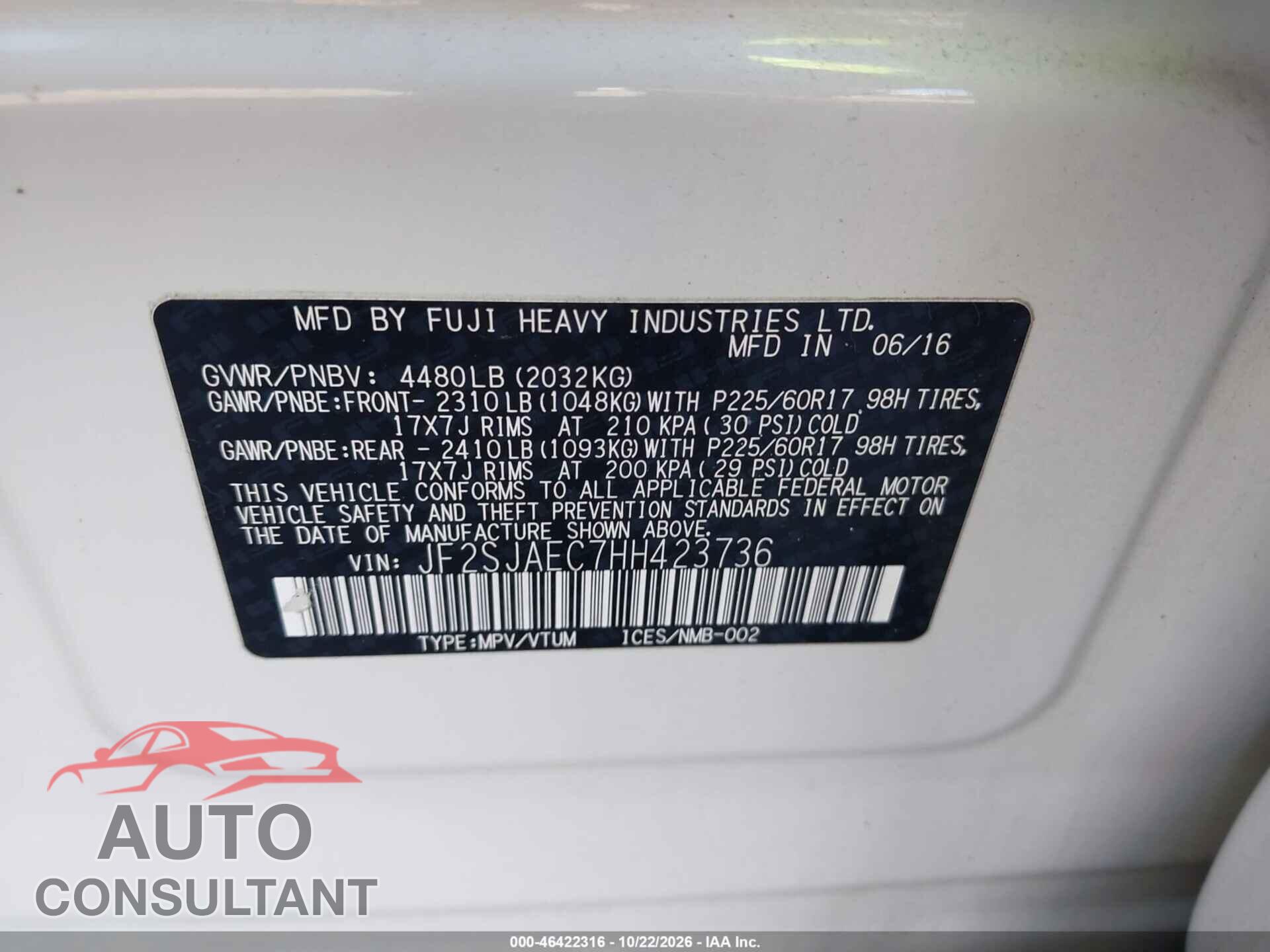 SUBARU FORESTER 2017 - JF2SJAEC7HH423736