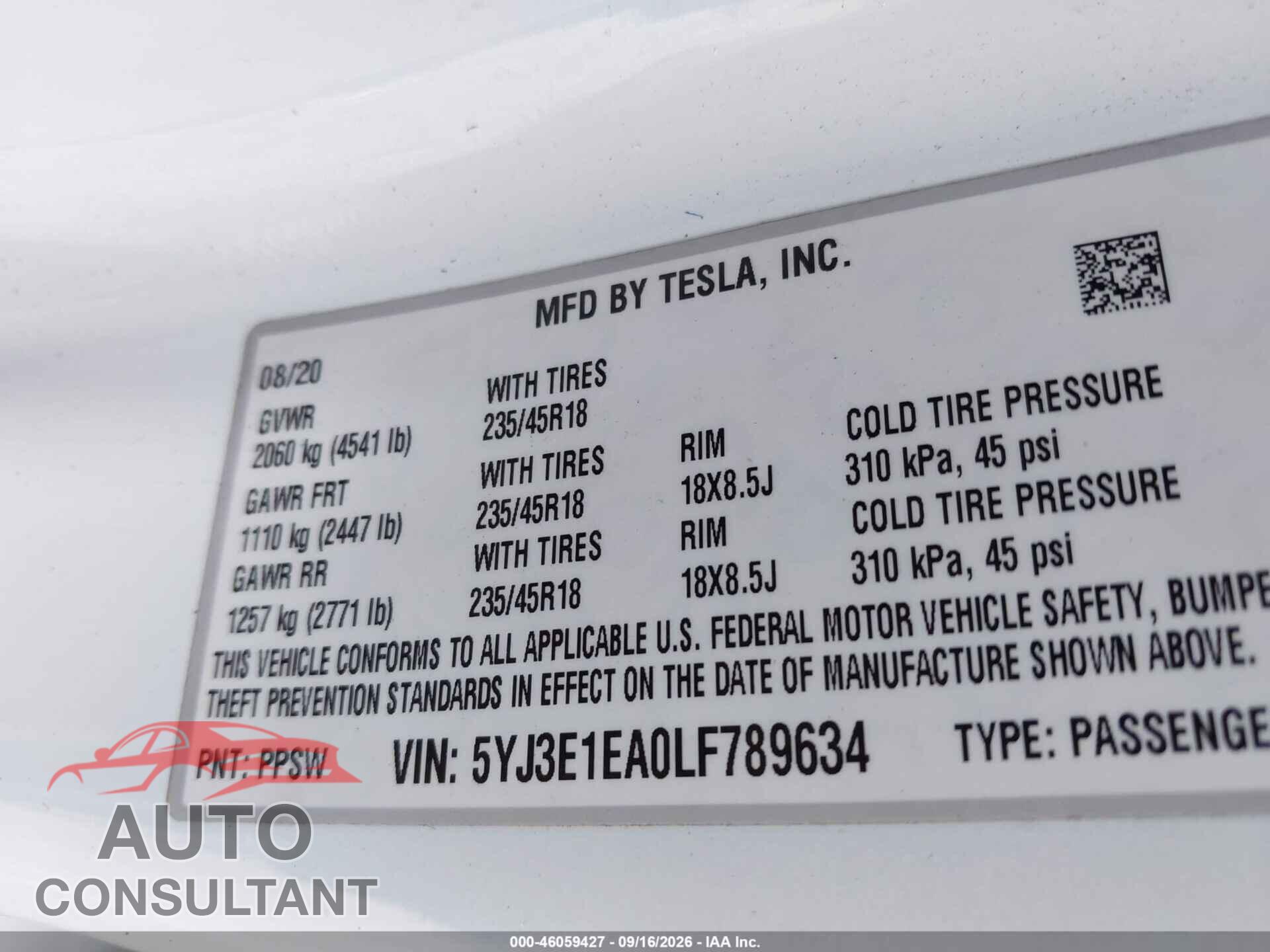 TESLA MODEL 3 2020 - 5YJ3E1EA0LF789634