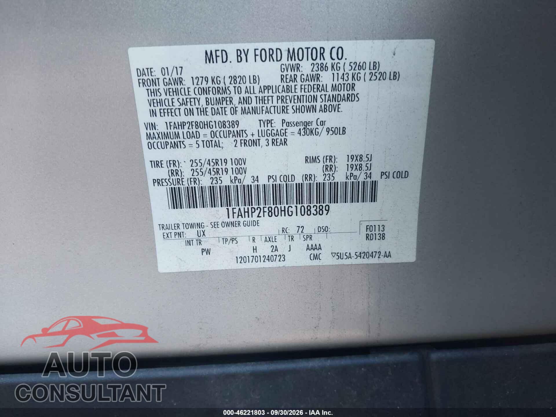 FORD TAURUS 2017 - 1FAHP2F80HG108389