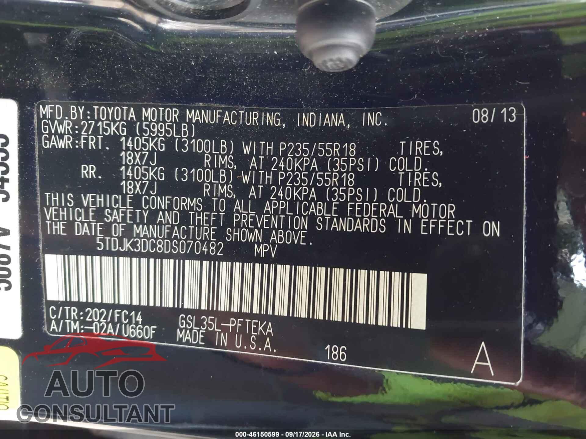 TOYOTA SIENNA 2013 - 5TDJK3DC8DS070482