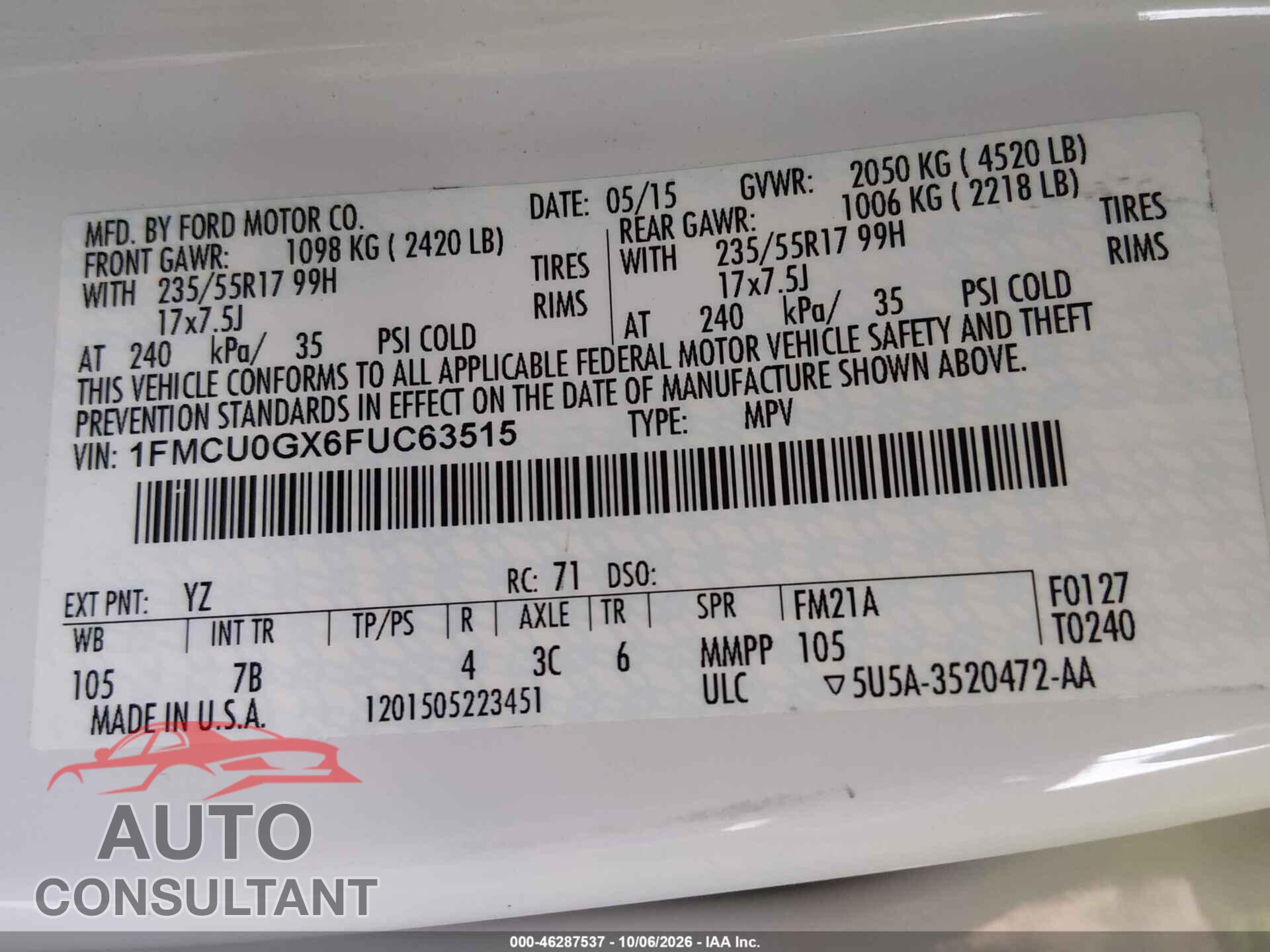 FORD ESCAPE 2015 - 1FMCU0GX6FUC63515