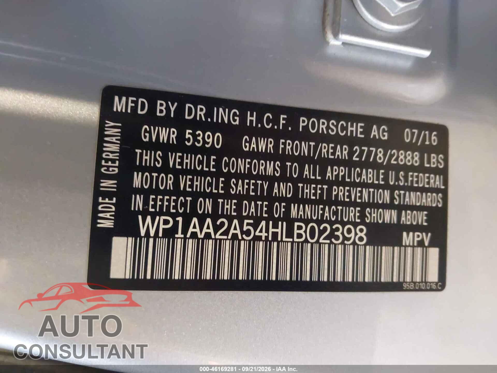PORSCHE MACAN 2017 - WP1AA2A54HLB02398