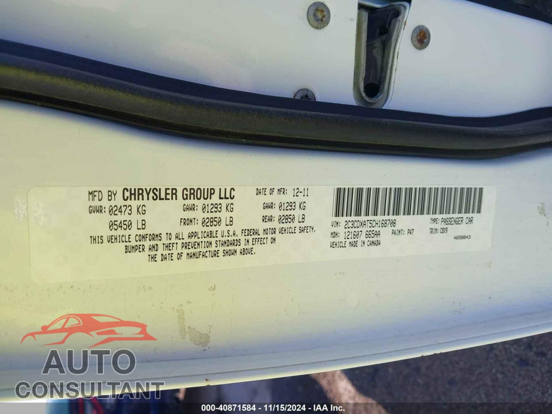 DODGE CHARGER 2012 - 2C3CDXAT5CH168708