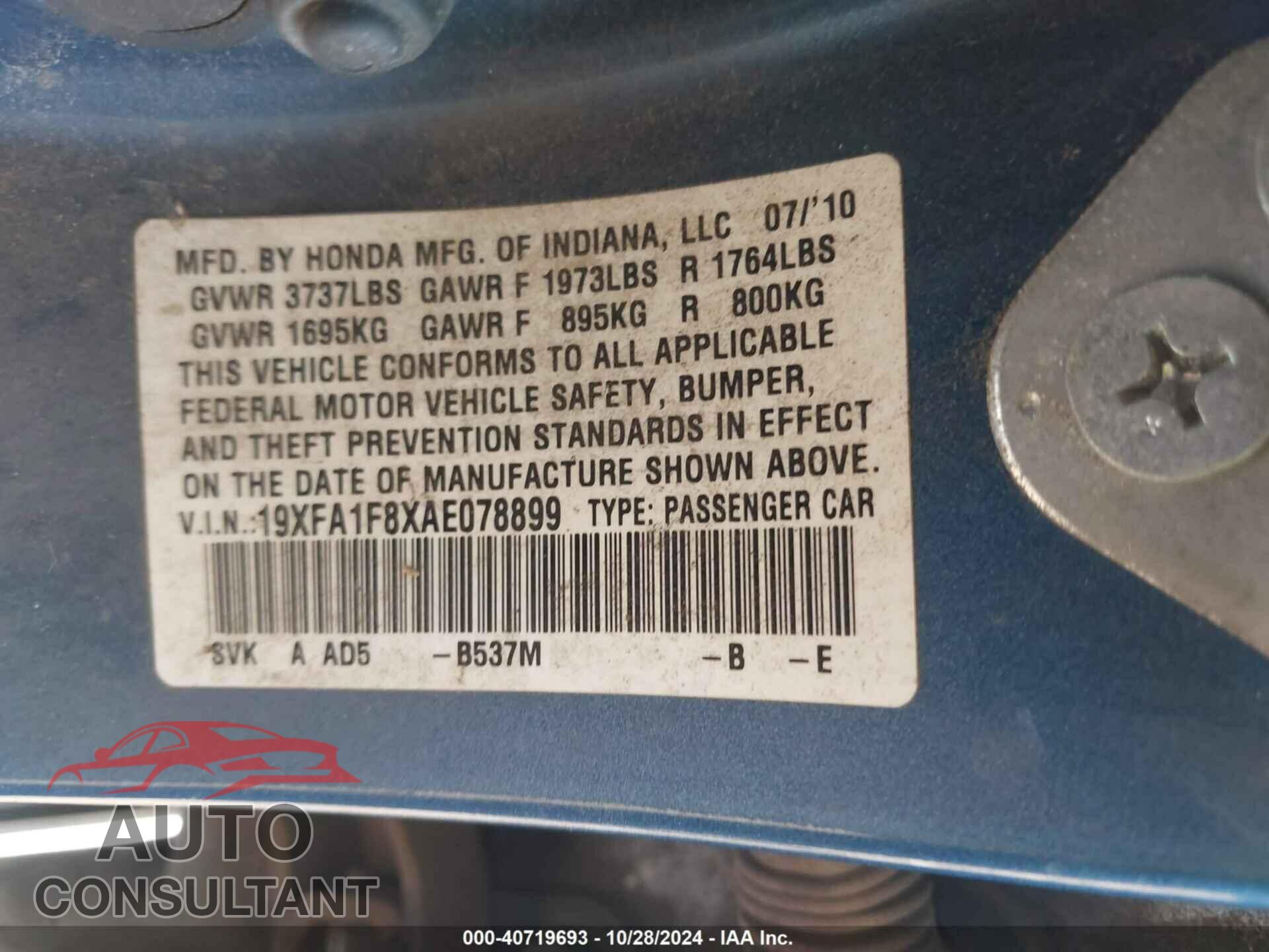 HONDA CIVIC 2010 - 19XFA1F8XAE078899