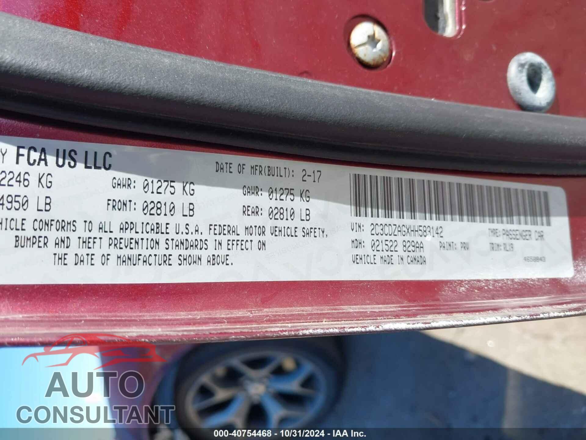 DODGE CHALLENGER 2017 - 2C3CDZAGXHH583142