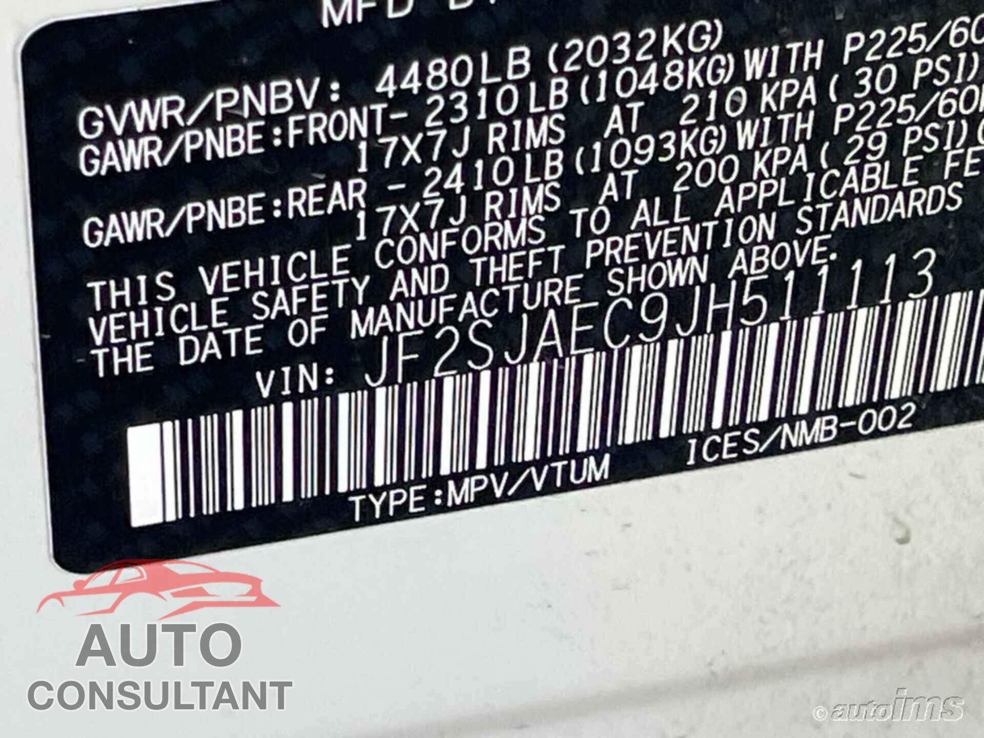 SUBARU FORESTER 2018 - JF2SJAEC9JH511113