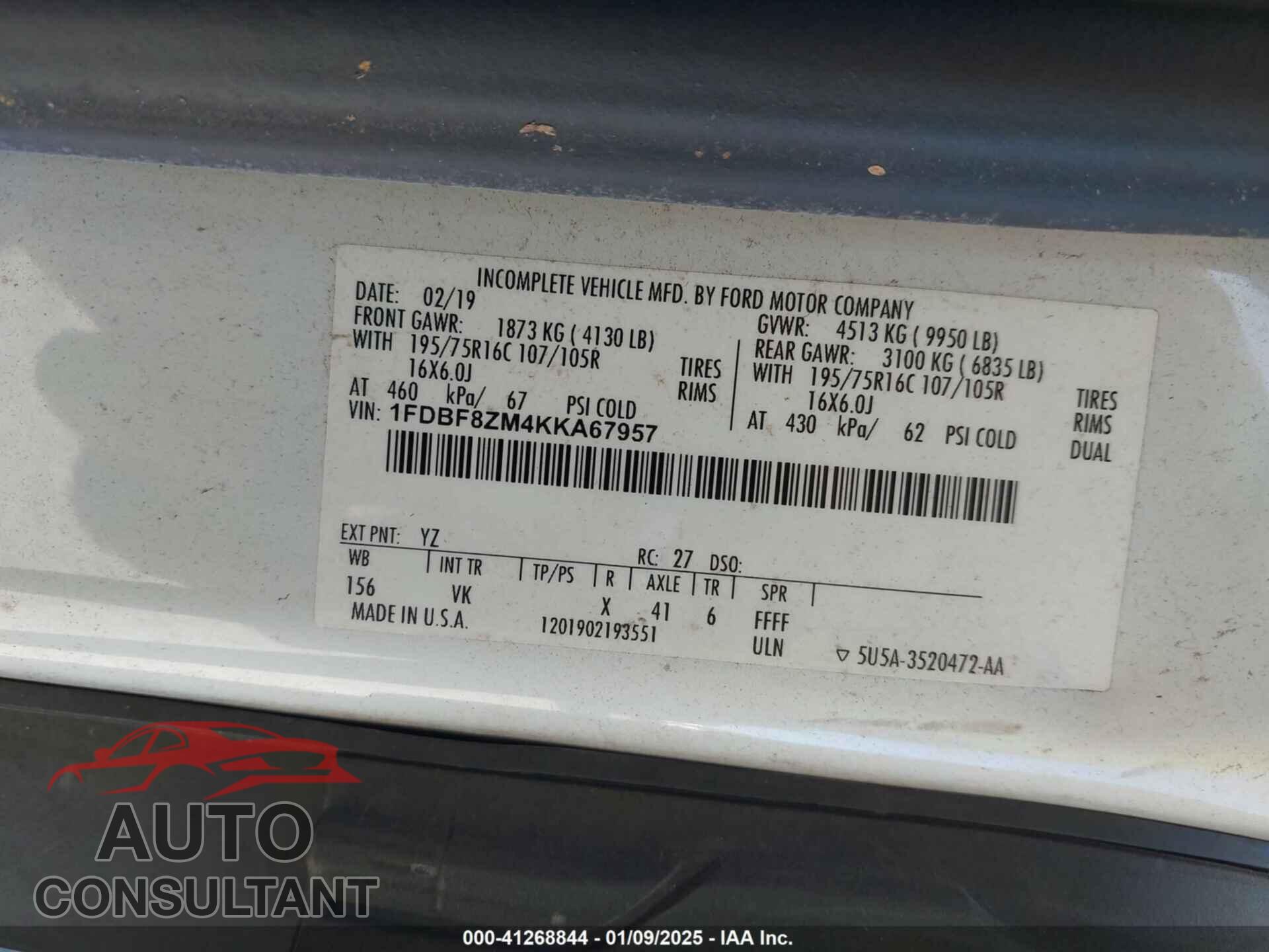 FORD TRANSIT-350 CAB 2019 - 1FDBF8ZM4KKA67957