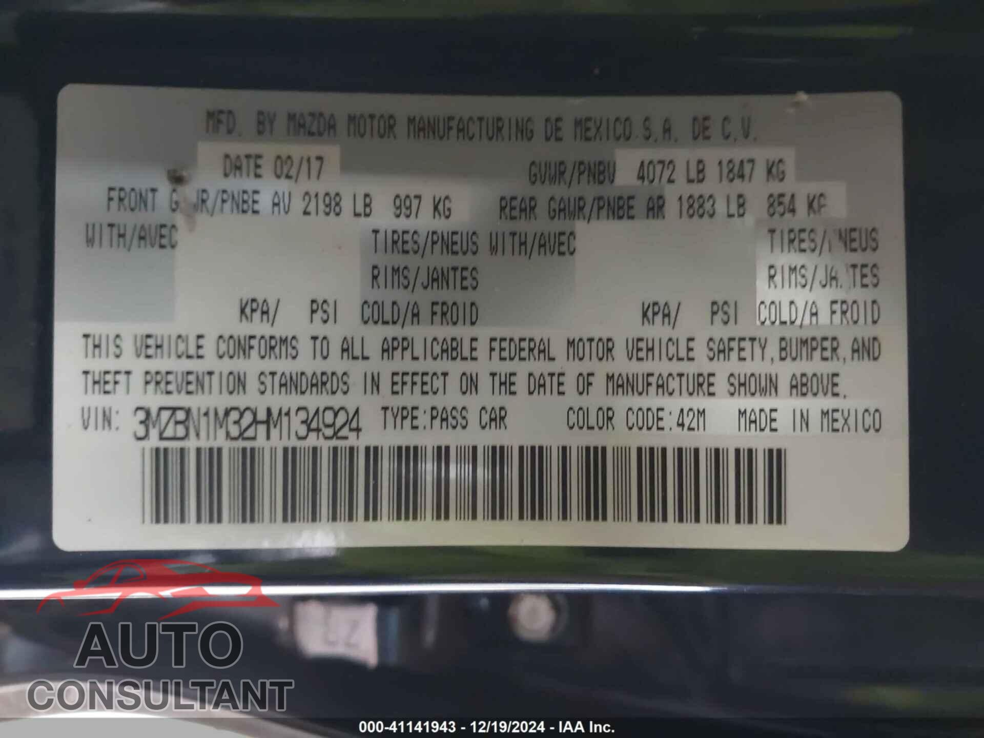 MAZDA MAZDA3 2017 - 3MZBN1M32HM134924