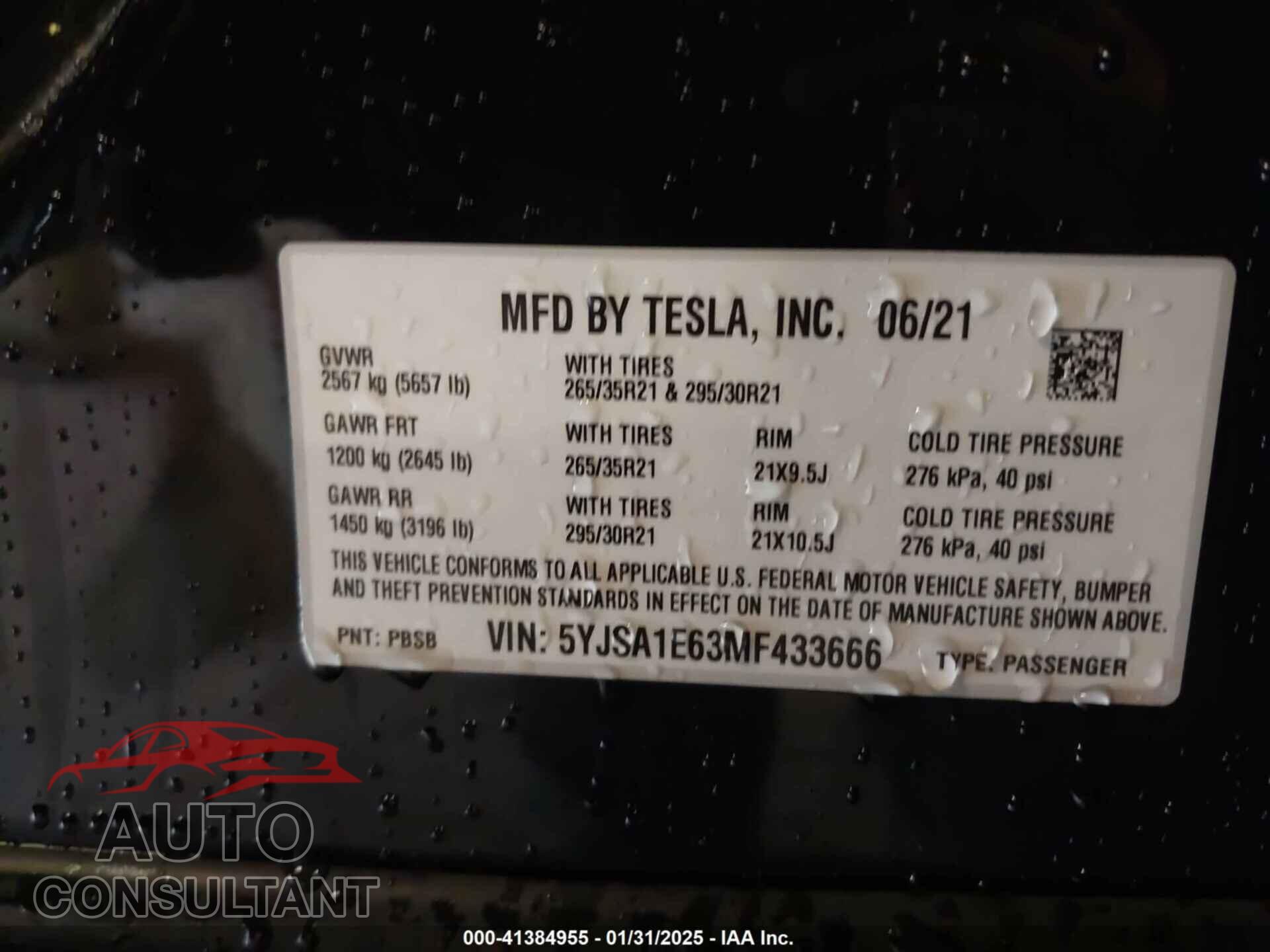 TESLA MODEL S 2021 - 5YJSA1E63MF433666