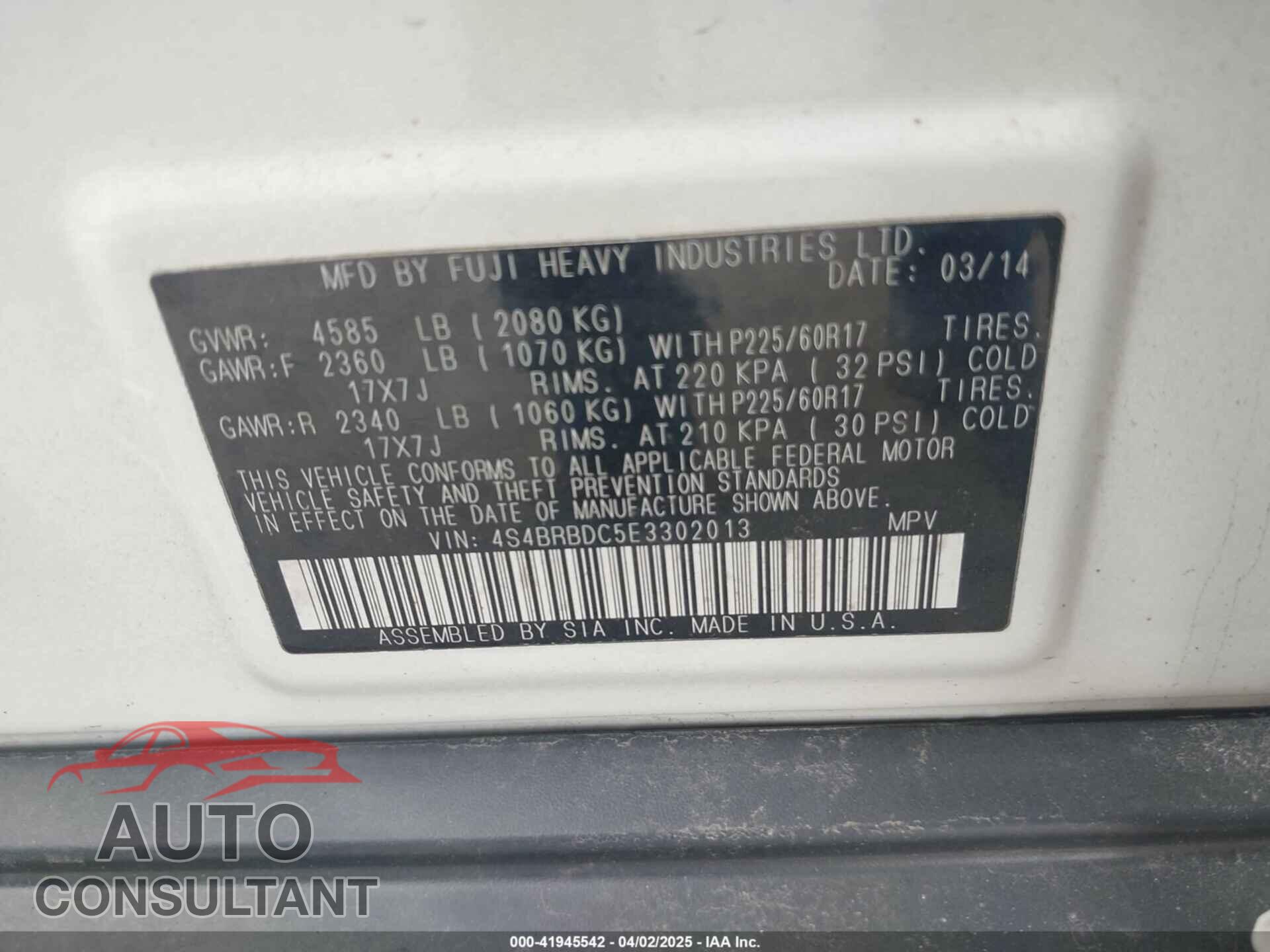 SUBARU OUTBACK 2014 - 4S4BRBDC5E3302013