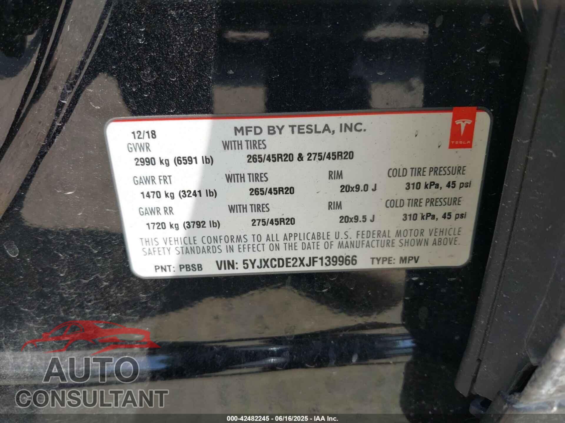 TESLA MODEL X 2018 - 5YJXCDE2XJF139966