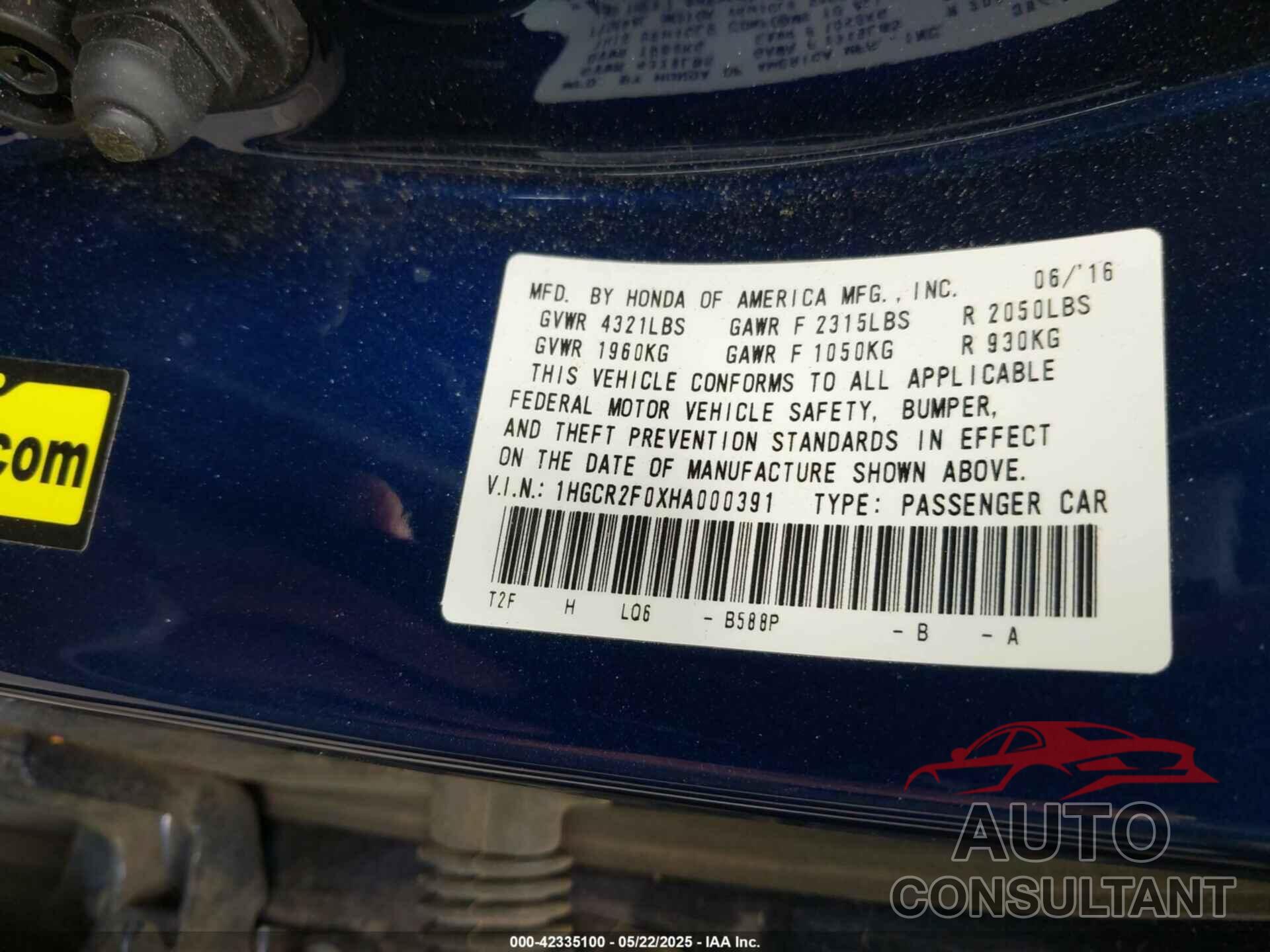 HONDA ACCORD 2017 - 1HGCR2F0XHA000391