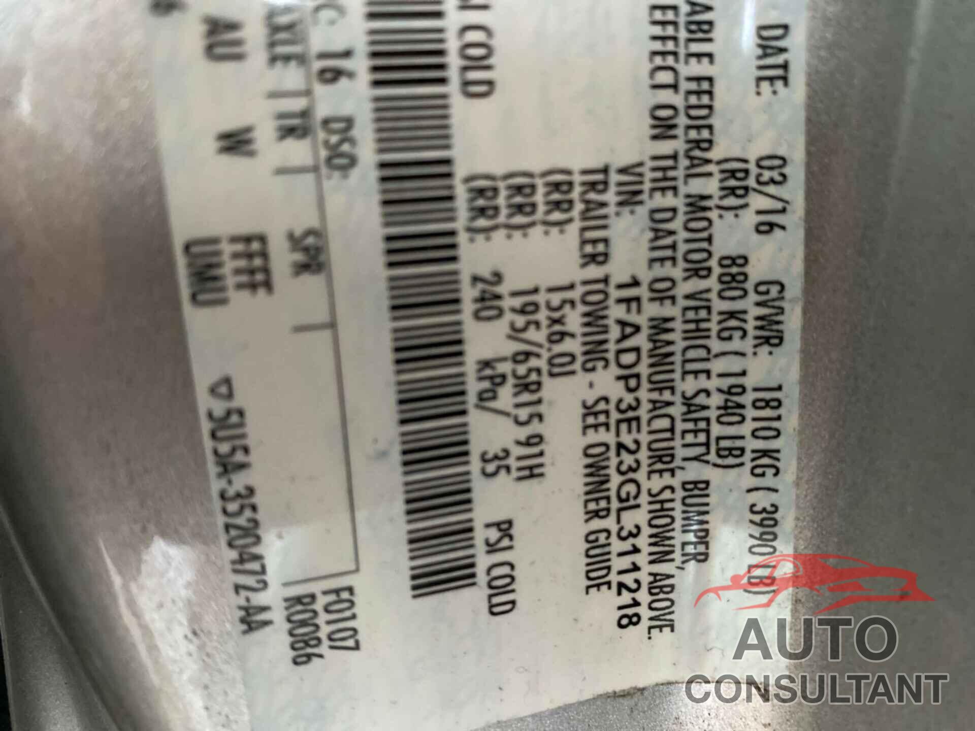 FORD FOCUS 2016 - 1FADP3E23GL311218