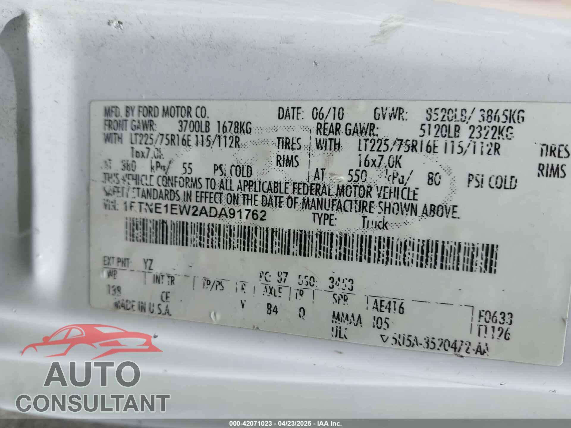 FORD E-150 2010 - 1FTNE1EW2ADA91762