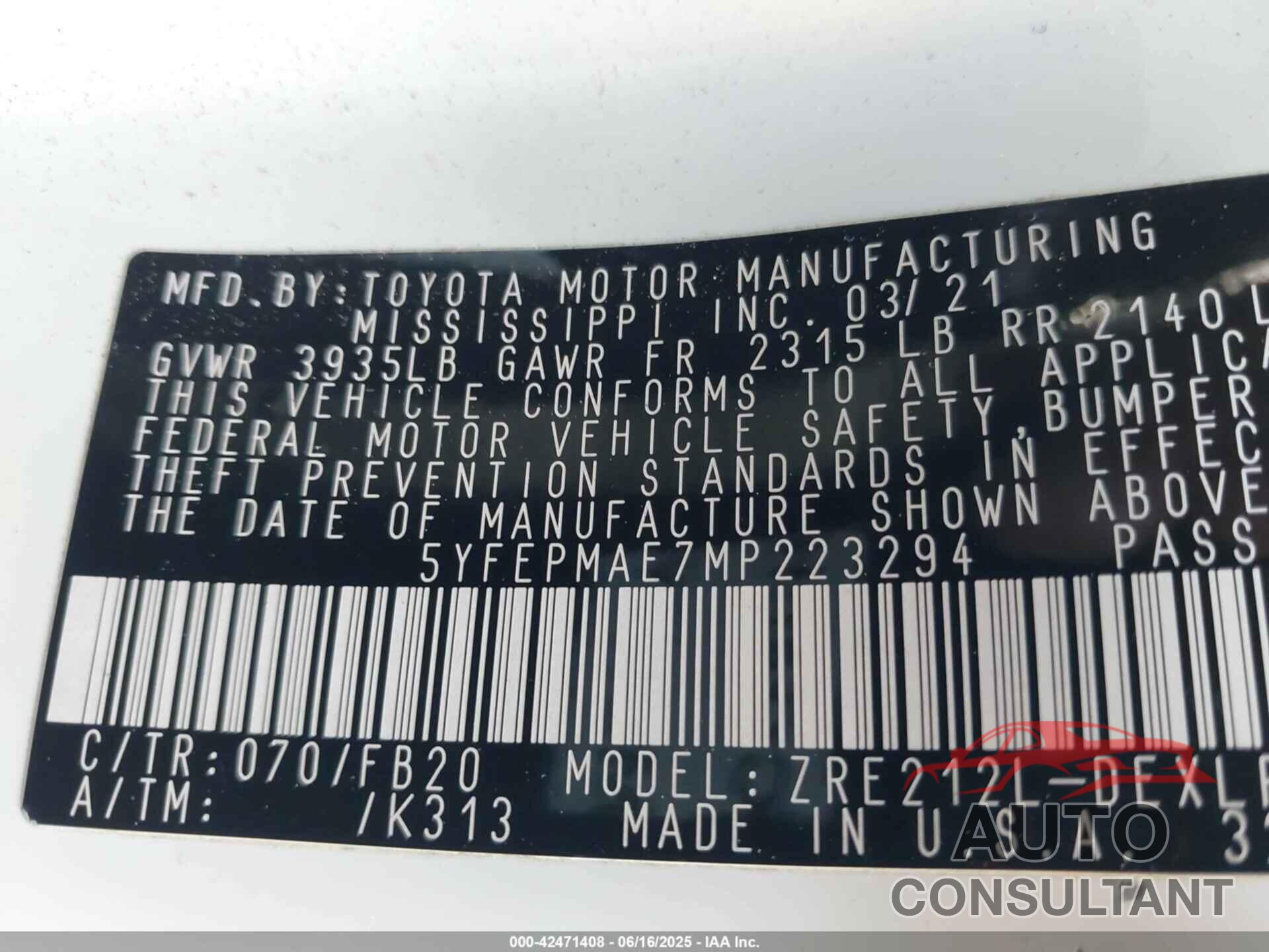 TOYOTA COROLLA 2021 - 5YFEPMAE7MP223294