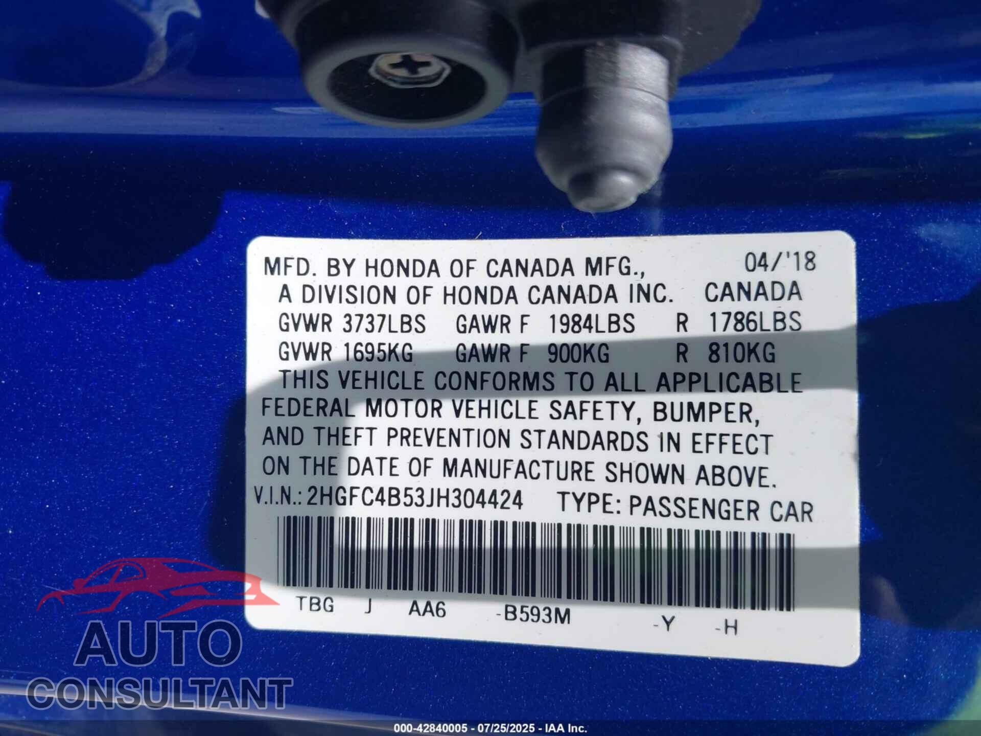 HONDA CIVIC 2018 - 2HGFC4B53JH304424
