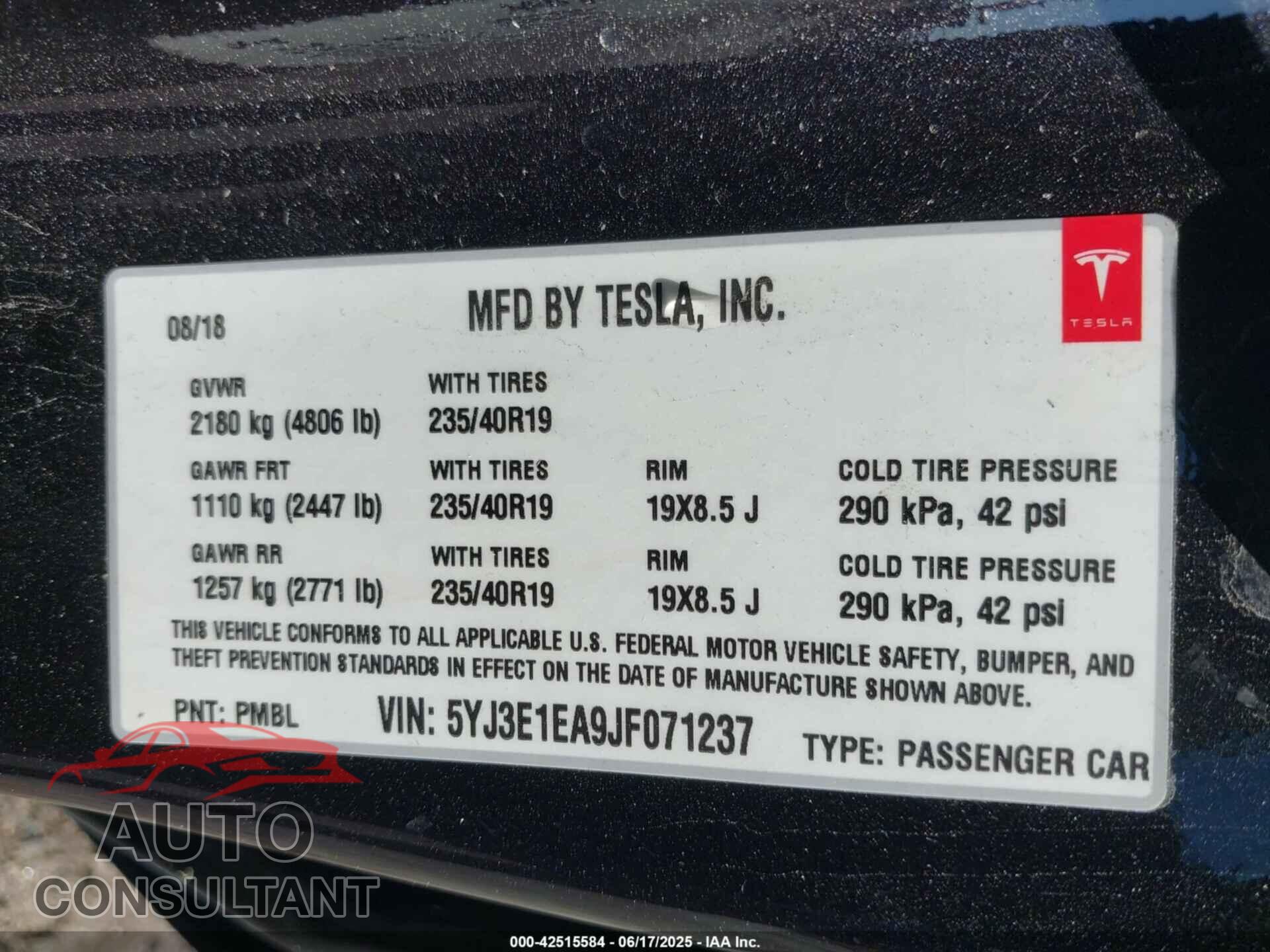TESLA MODEL 3 2018 - 5YJ3E1EA9JF071237